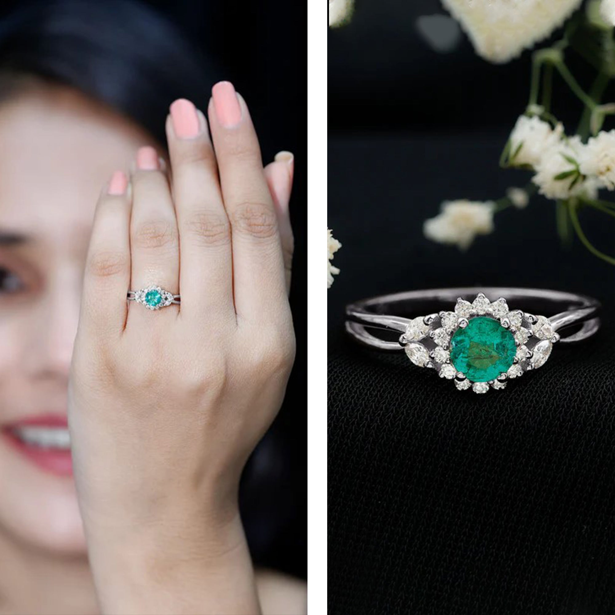Real Emerald and Diamond Flower Engagement Ring with Split Shank AAA - Rosec Jewels