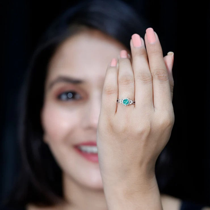 Real Emerald and Diamond Flower Engagement Ring with Split Shank AAA - Rosec Jewels