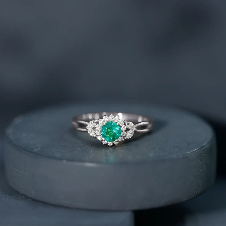 Real Emerald and Diamond Flower Engagement Ring with Split Shank AAA - Rosec Jewels