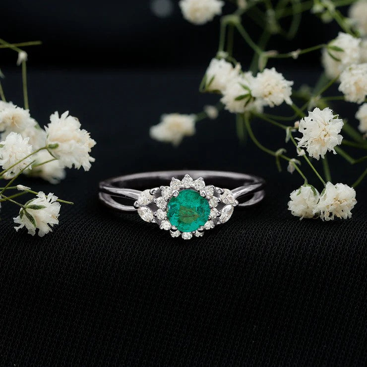 Rosec Jewels-Real Emerald and Diamond Flower Engagement Ring with Split Shank