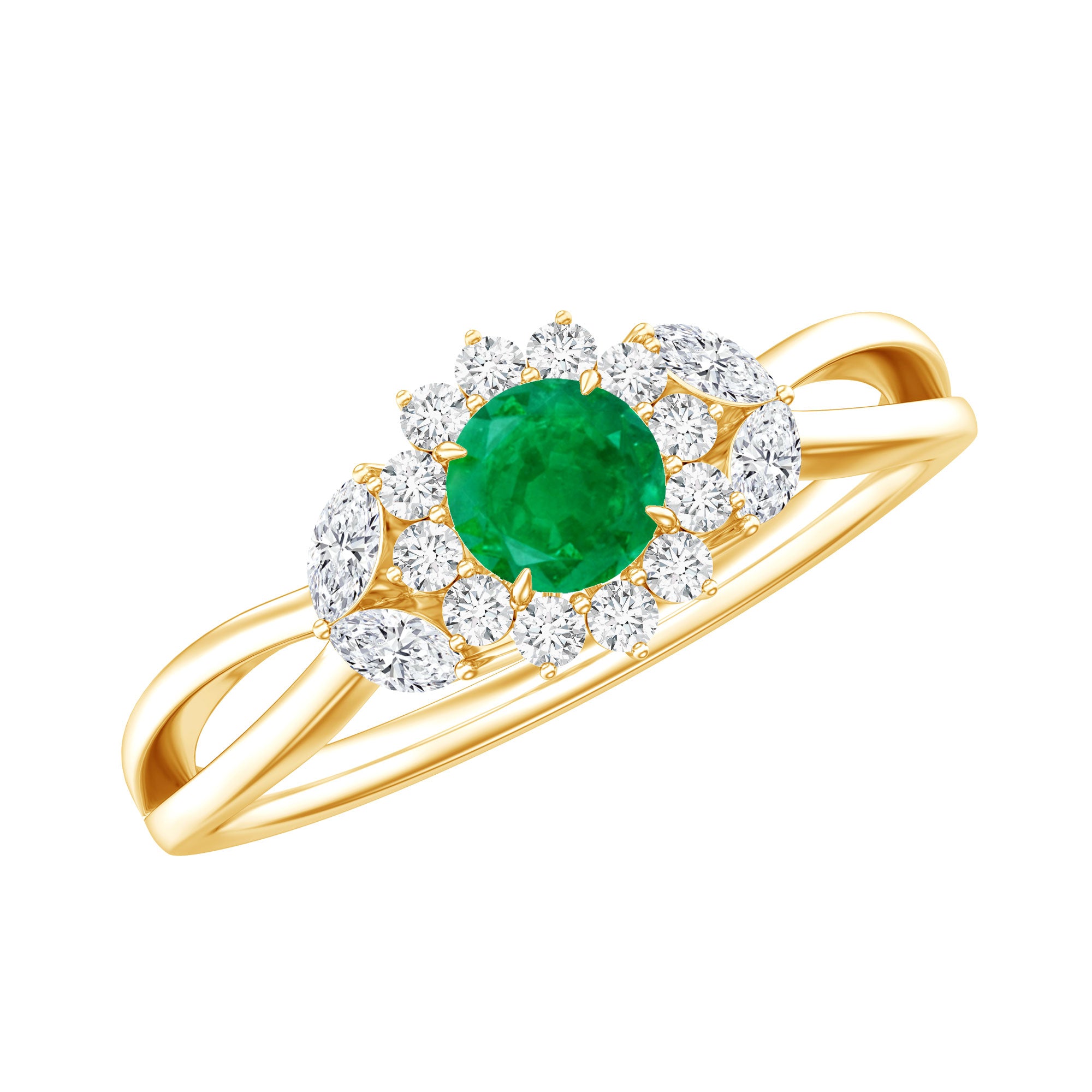 Real Emerald and Diamond Flower Engagement Ring with Split Shank AAA - Rosec Jewels