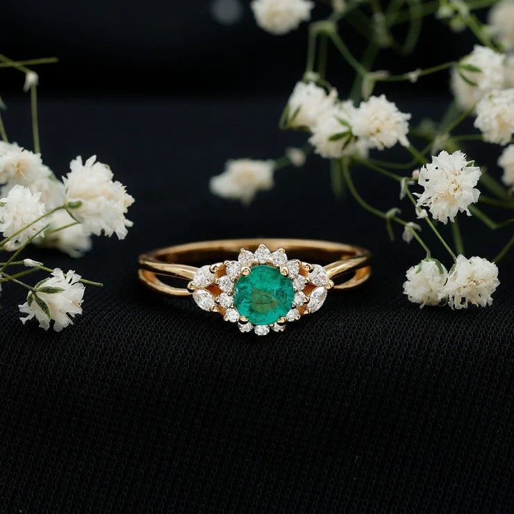 Real Emerald and Diamond Flower Engagement Ring with Split Shank AAA - Rosec Jewels