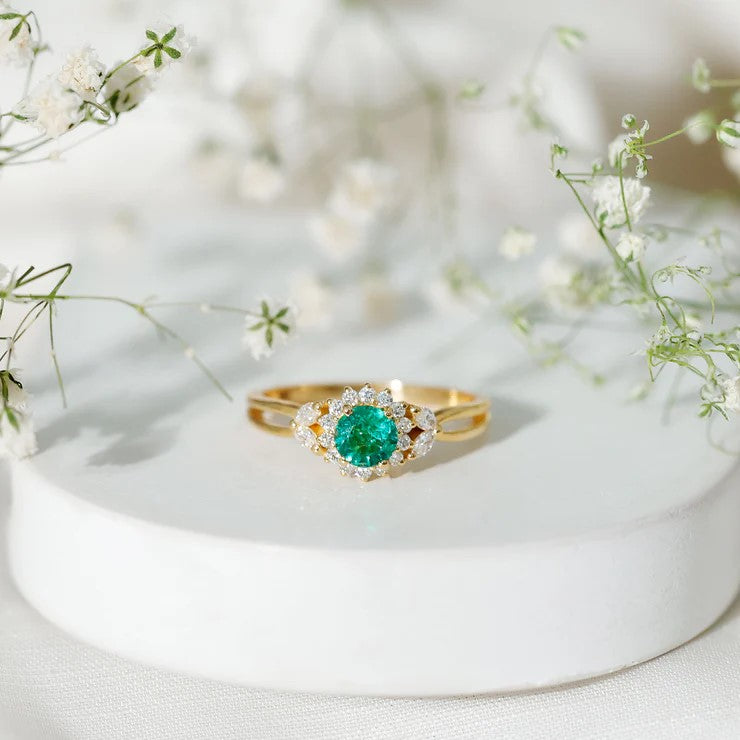Real Emerald and Diamond Flower Engagement Ring with Split Shank AAA - Rosec Jewels