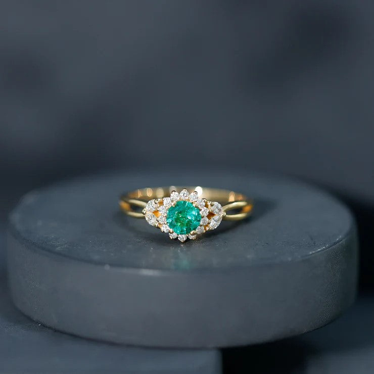Real Emerald and Diamond Flower Engagement Ring with Split Shank AAA - Rosec Jewels