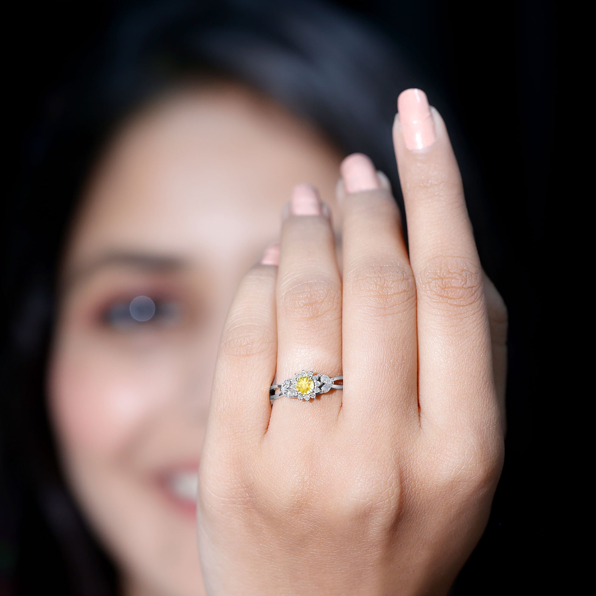 Real Yellow Sapphire Flower Engagement Ring with Diamond AAA - Rosec Jewels