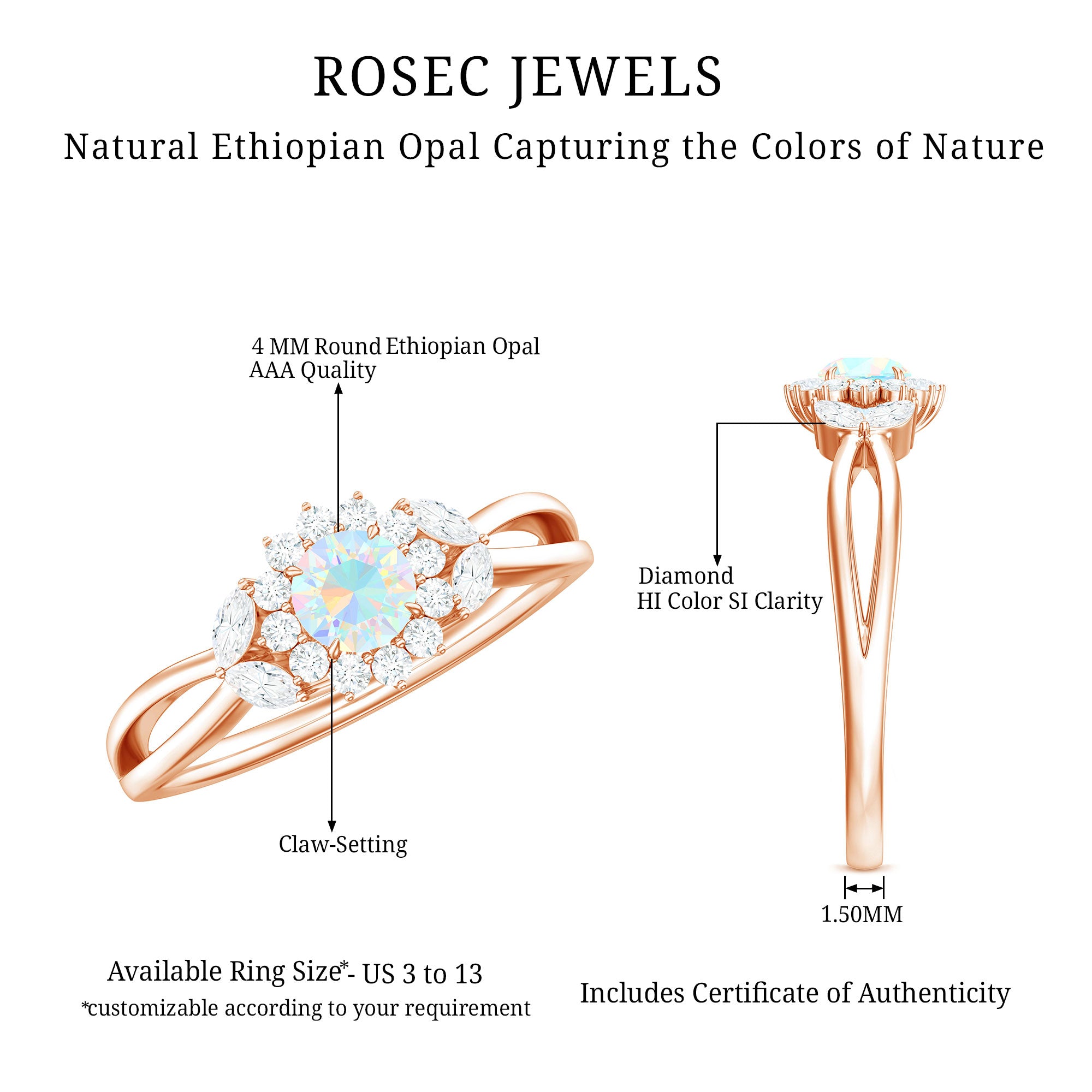 Certified Opalescent Diamond Flower Engagement Ring with Natural Diamonds AAA - Rosec Jewels