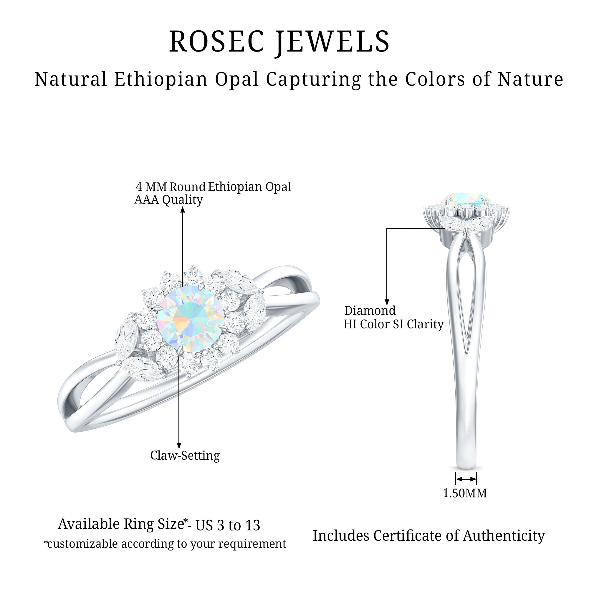Certified Opalescent Diamond Flower Engagement Ring with Natural Diamonds AAA - Rosec Jewels