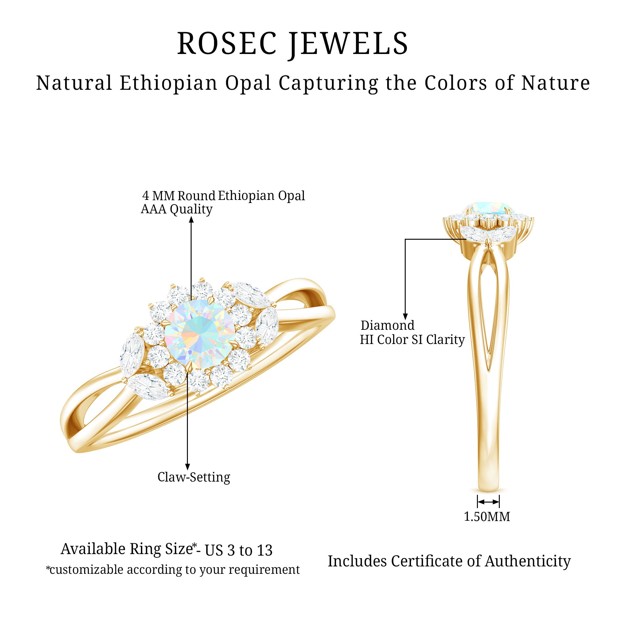 Certified Opalescent Diamond Flower Engagement Ring with Natural Diamonds AAA - Rosec Jewels