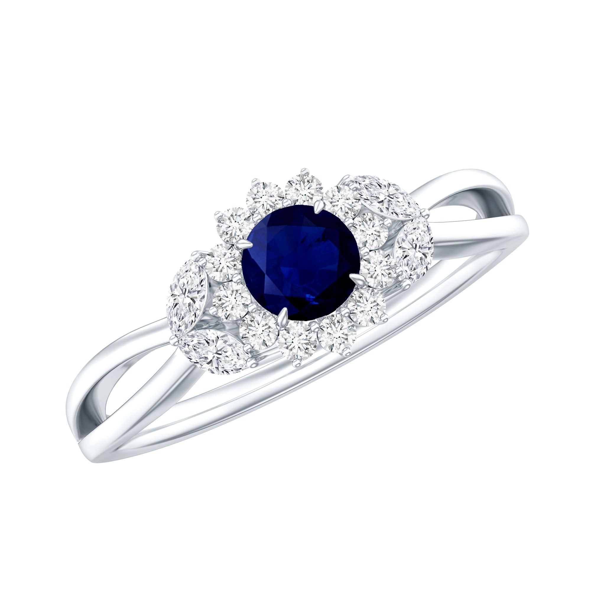 Certified Blue Sapphire Flower Engagement Ring with Diamond AAA - Rosec Jewels