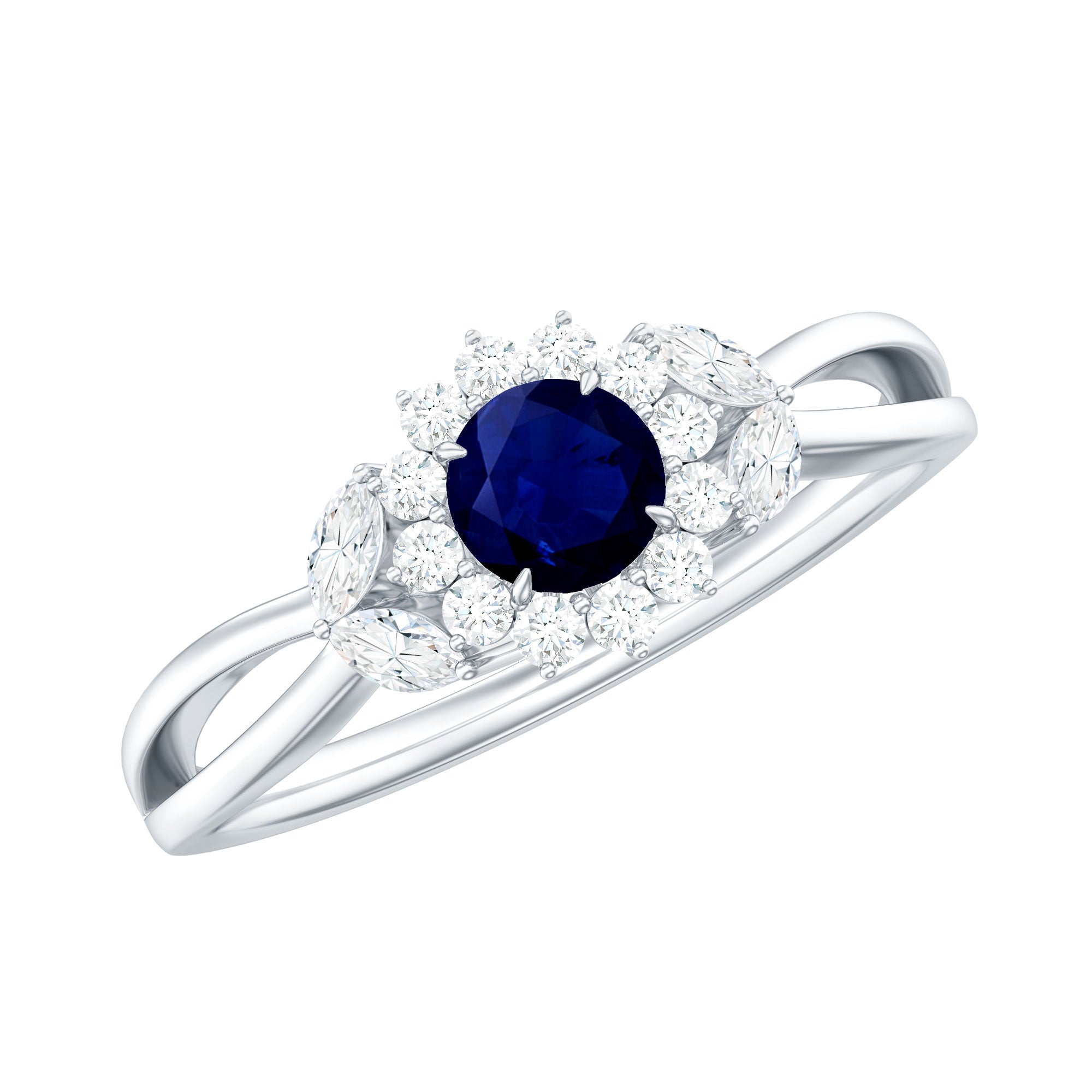 Split Shank Blue Sapphire Flower Engagement Ring with Moissanite