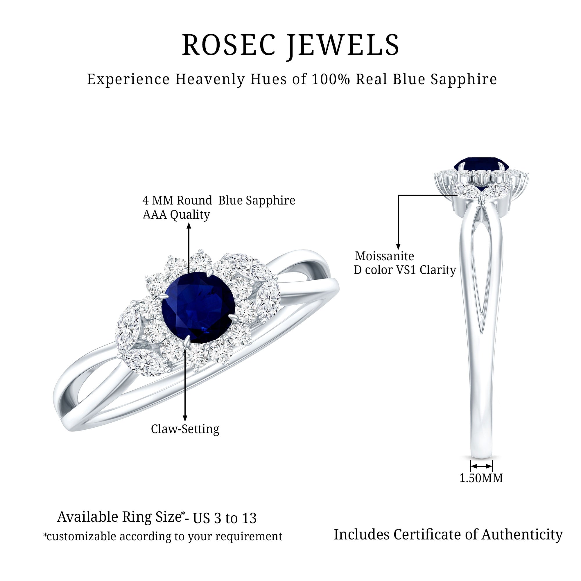 Certified Blue Sapphire Flower Engagement Ring with Diamond AAA - Rosec Jewels