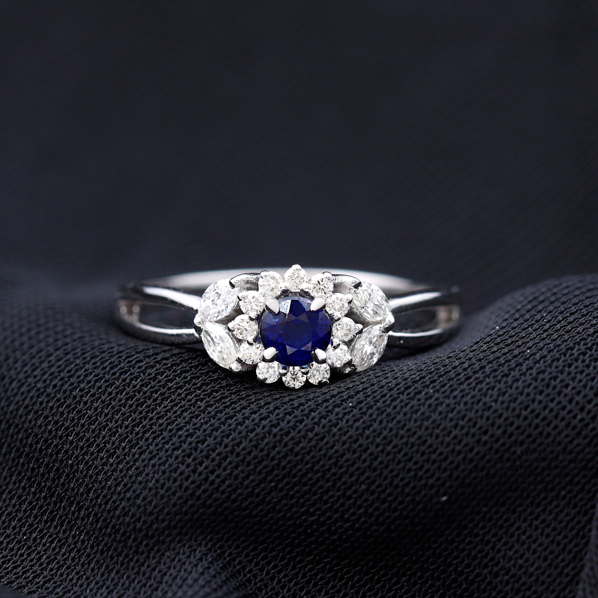 Certified Blue Sapphire Flower Engagement Ring with Diamond AAA - Rosec Jewels