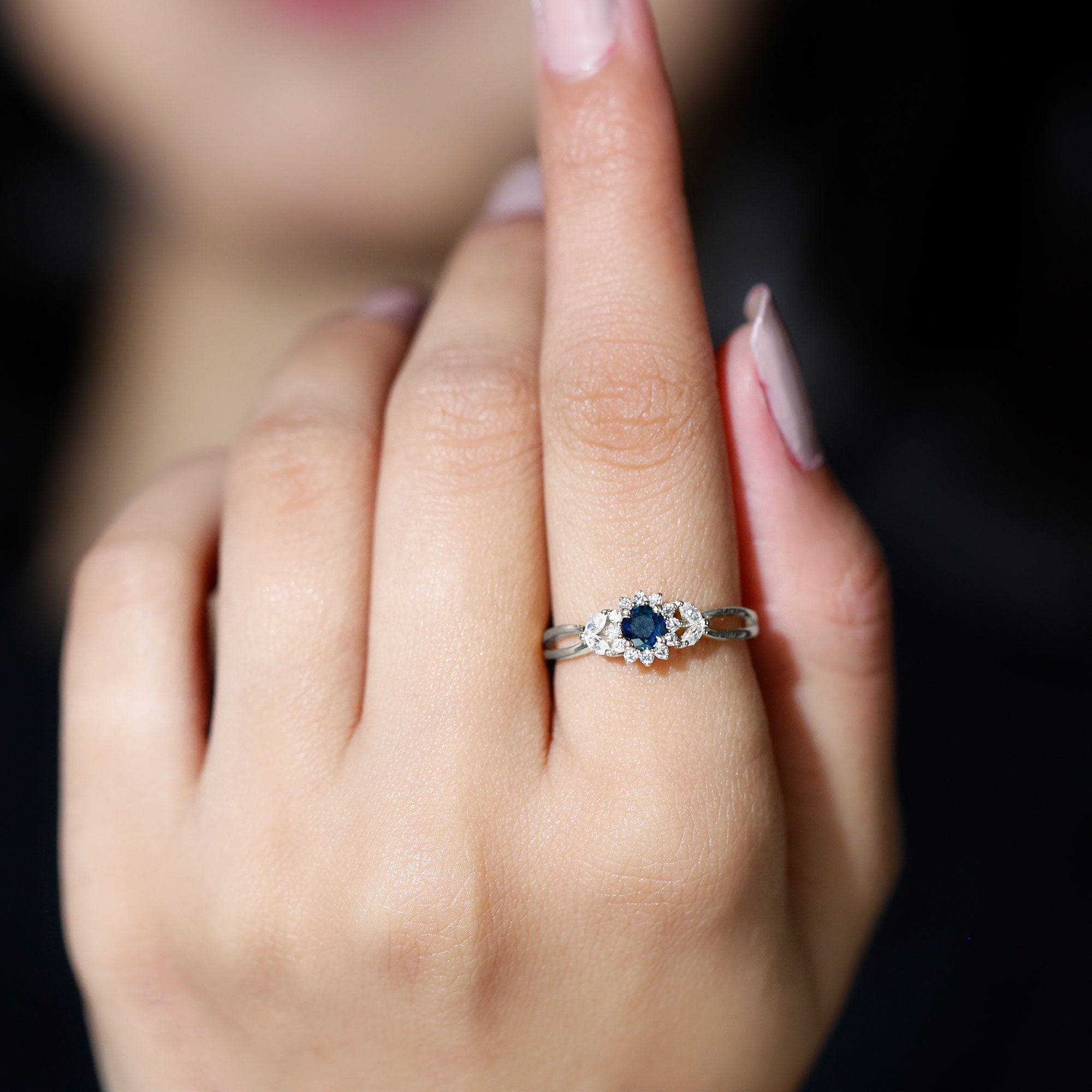 Certified Blue Sapphire Flower Engagement Ring with Diamond AAA - Rosec Jewels