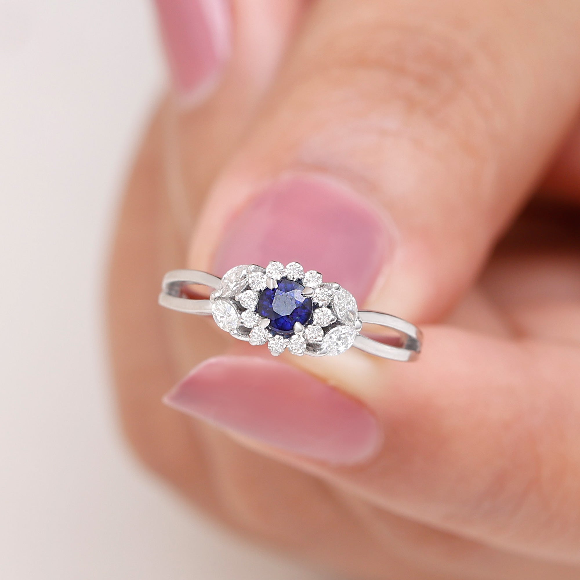 Certified Blue Sapphire Flower Engagement Ring with Diamond AAA - Rosec Jewels