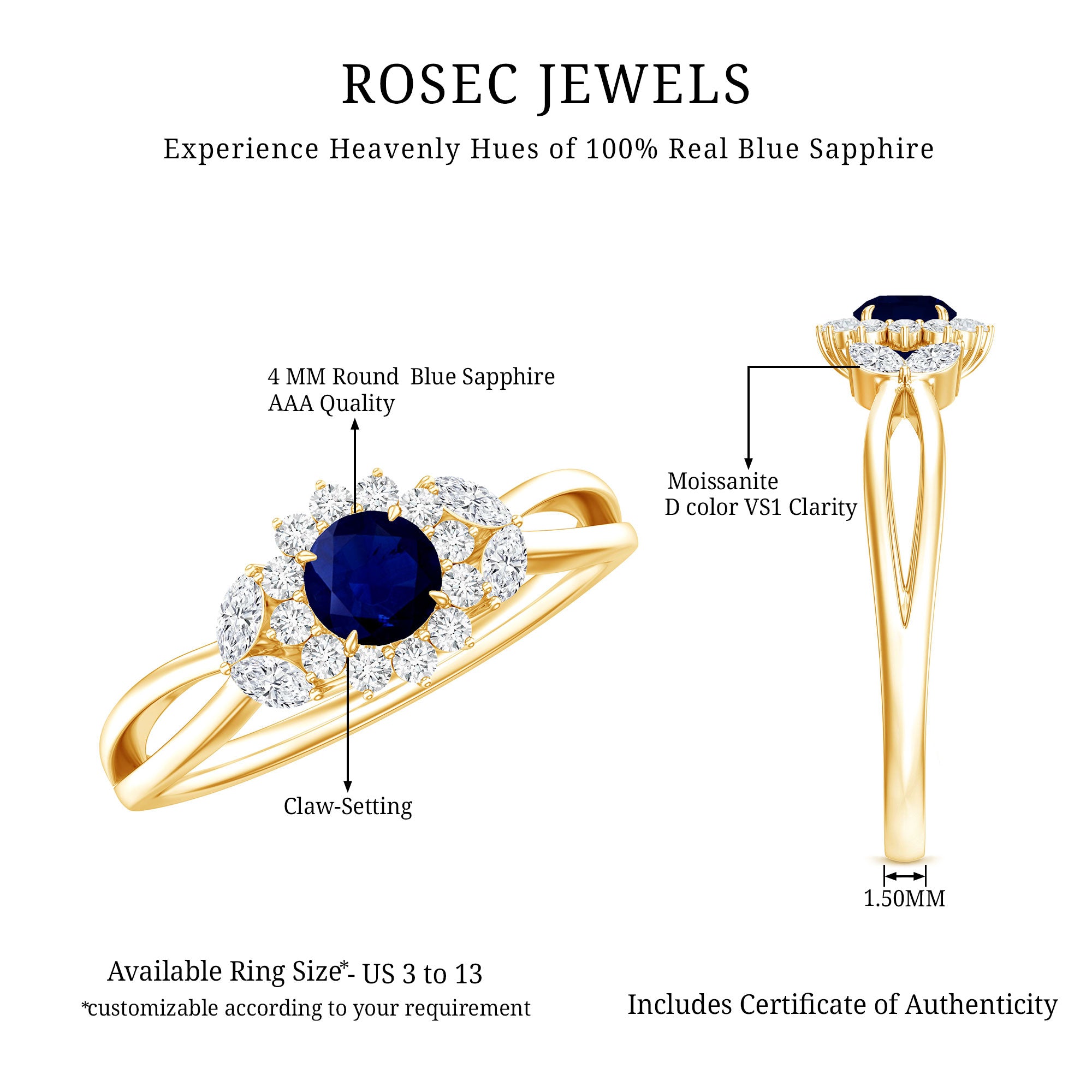 Certified Blue Sapphire Flower Engagement Ring with Diamond AAA - Rosec Jewels