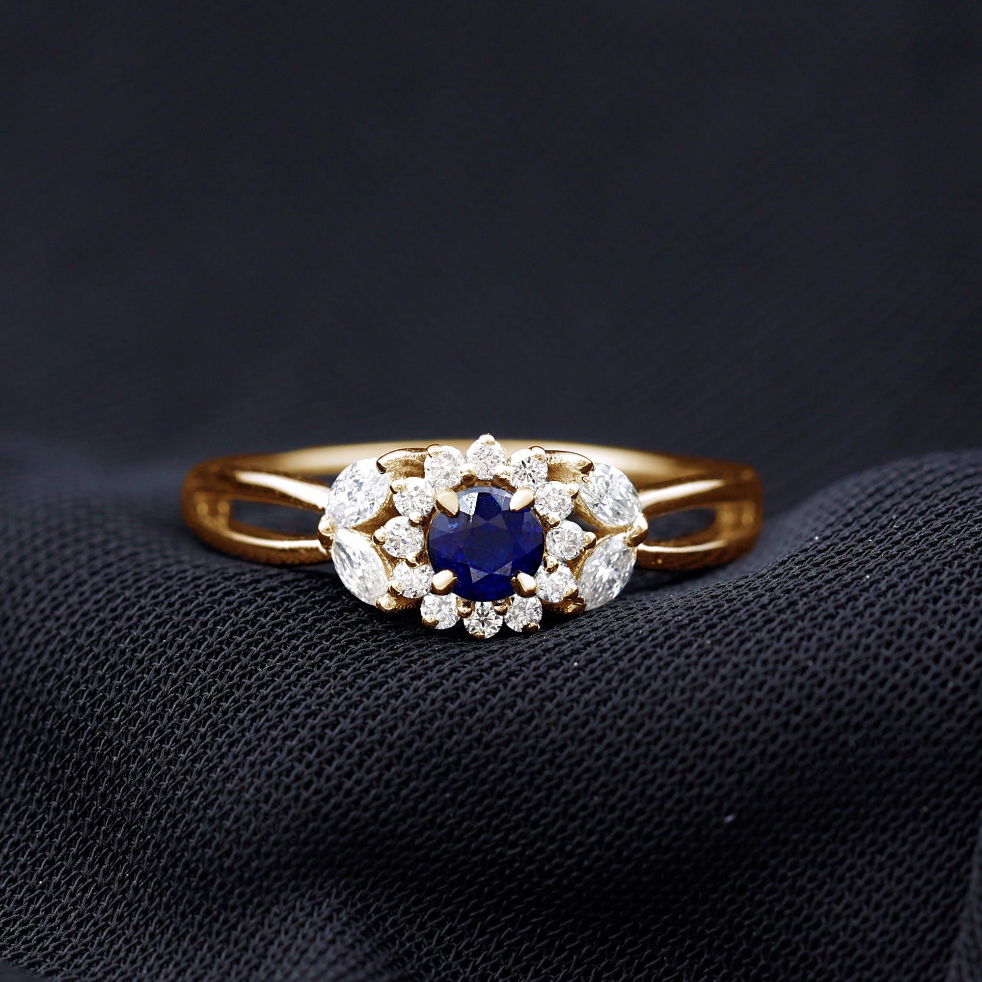 Certified Blue Sapphire Flower Engagement Ring with Diamond AAA - Rosec Jewels