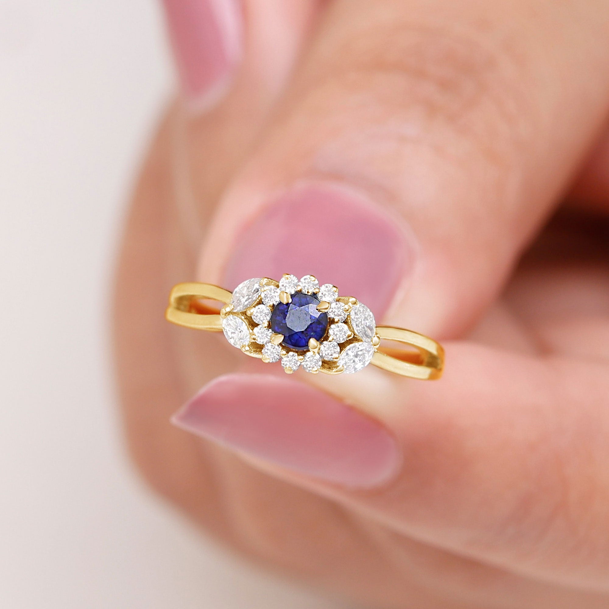 Certified Blue Sapphire Flower Engagement Ring with Diamond AAA - Rosec Jewels