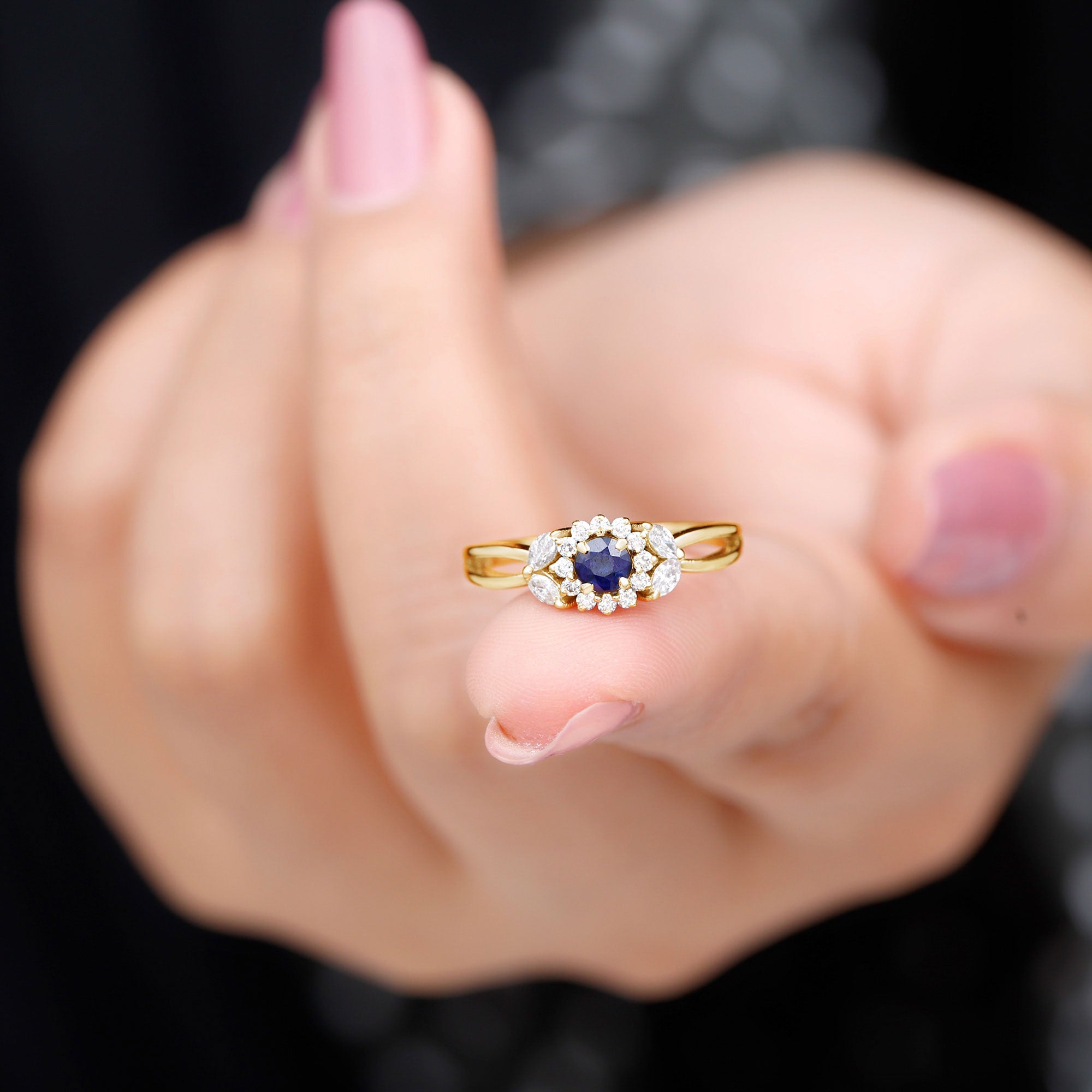 Certified Blue Sapphire Flower Engagement Ring with Diamond AAA - Rosec Jewels