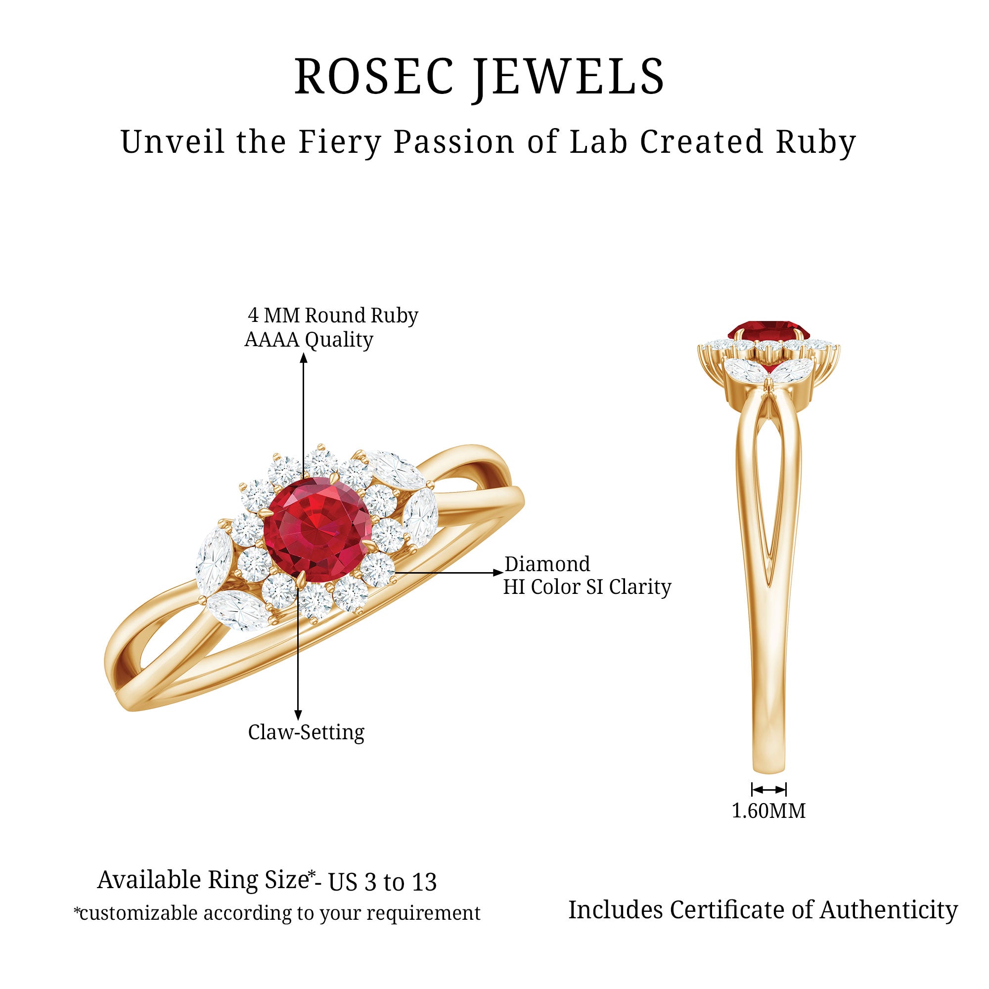 Lab Ruby and Diamond Flower Engagement Ring in Split Shank AAAA - Rosec Jewels