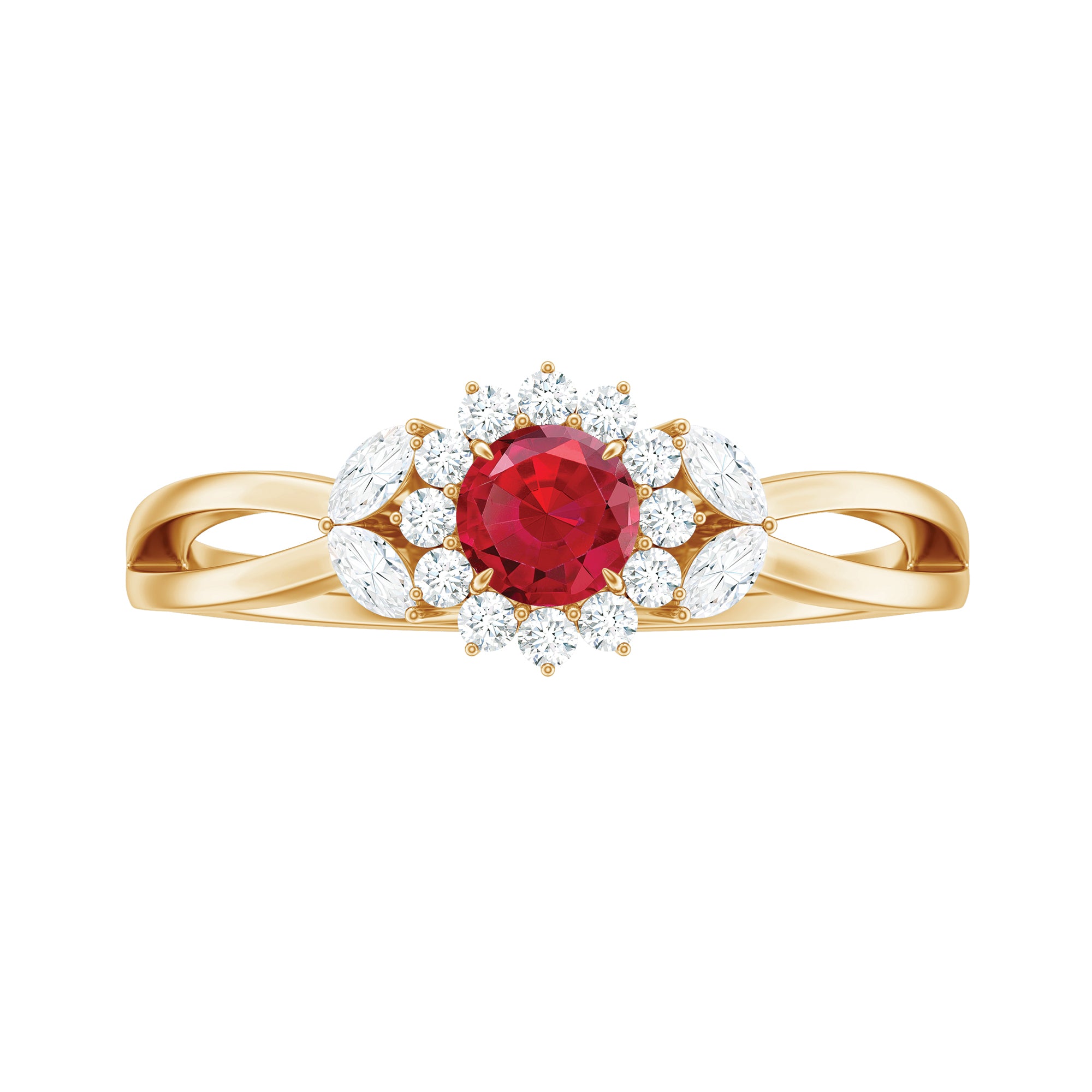 Lab Ruby and Diamond Flower Engagement Ring in Split Shank AAAA - Rosec Jewels