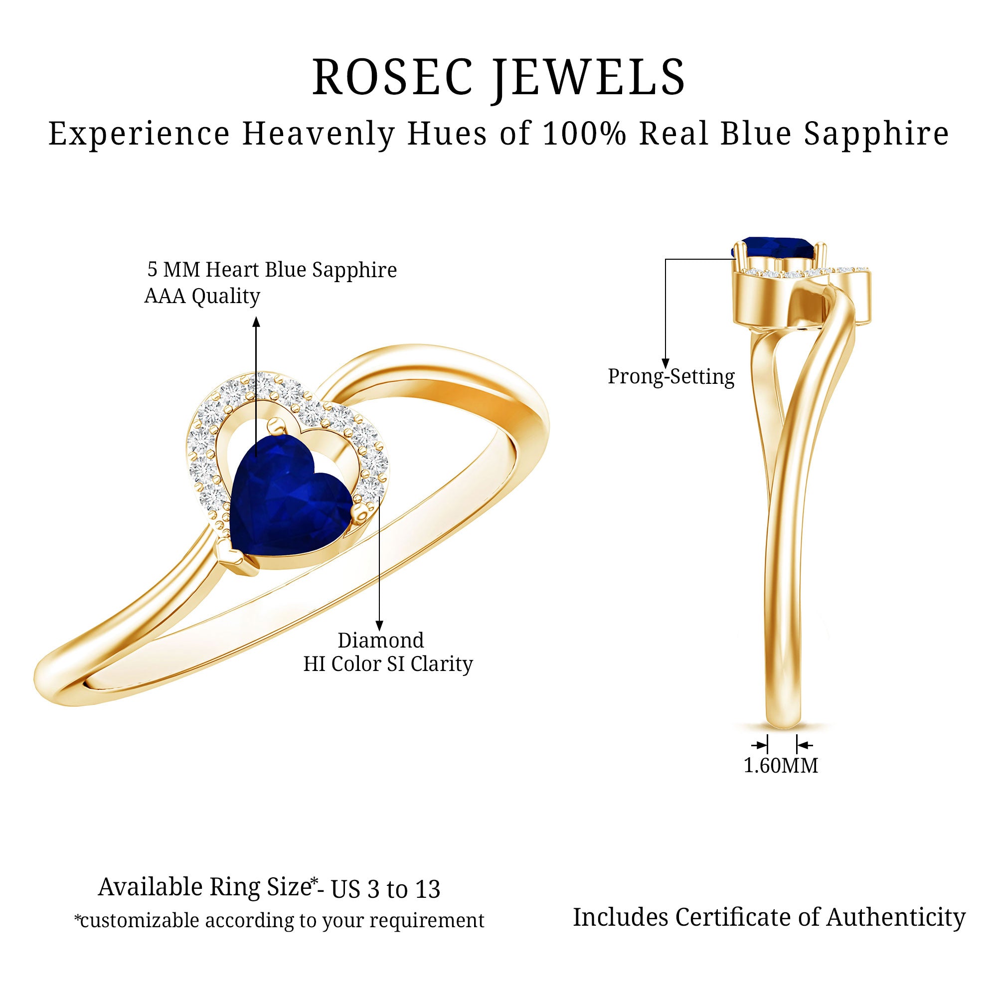 Real Heart Shape Blue Sapphire Diamond Promise Ring for Women AAA - Rosec Jewels