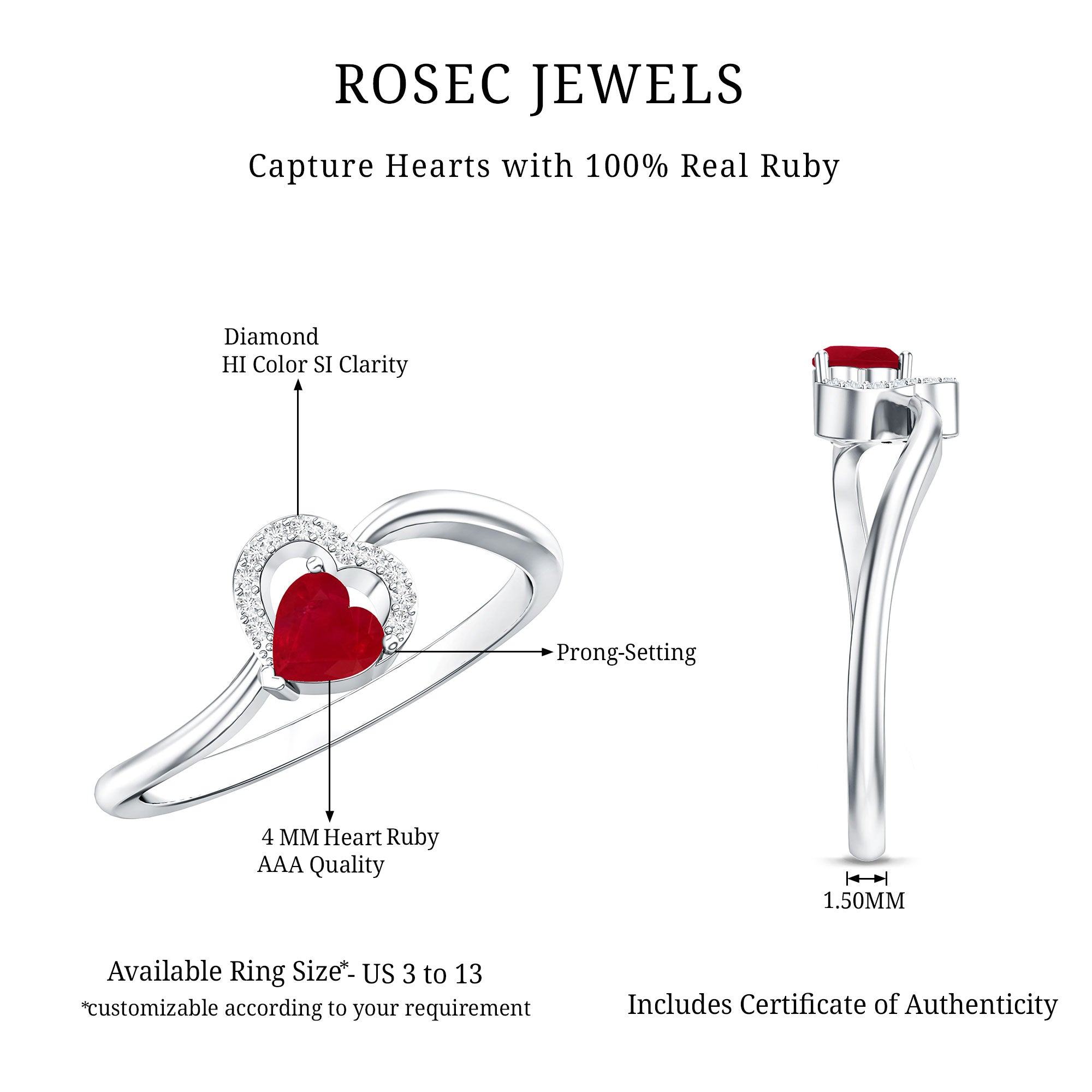 Natural Half Carat Ruby Heart Promise Ring with Diamond AAA - Rosec Jewels