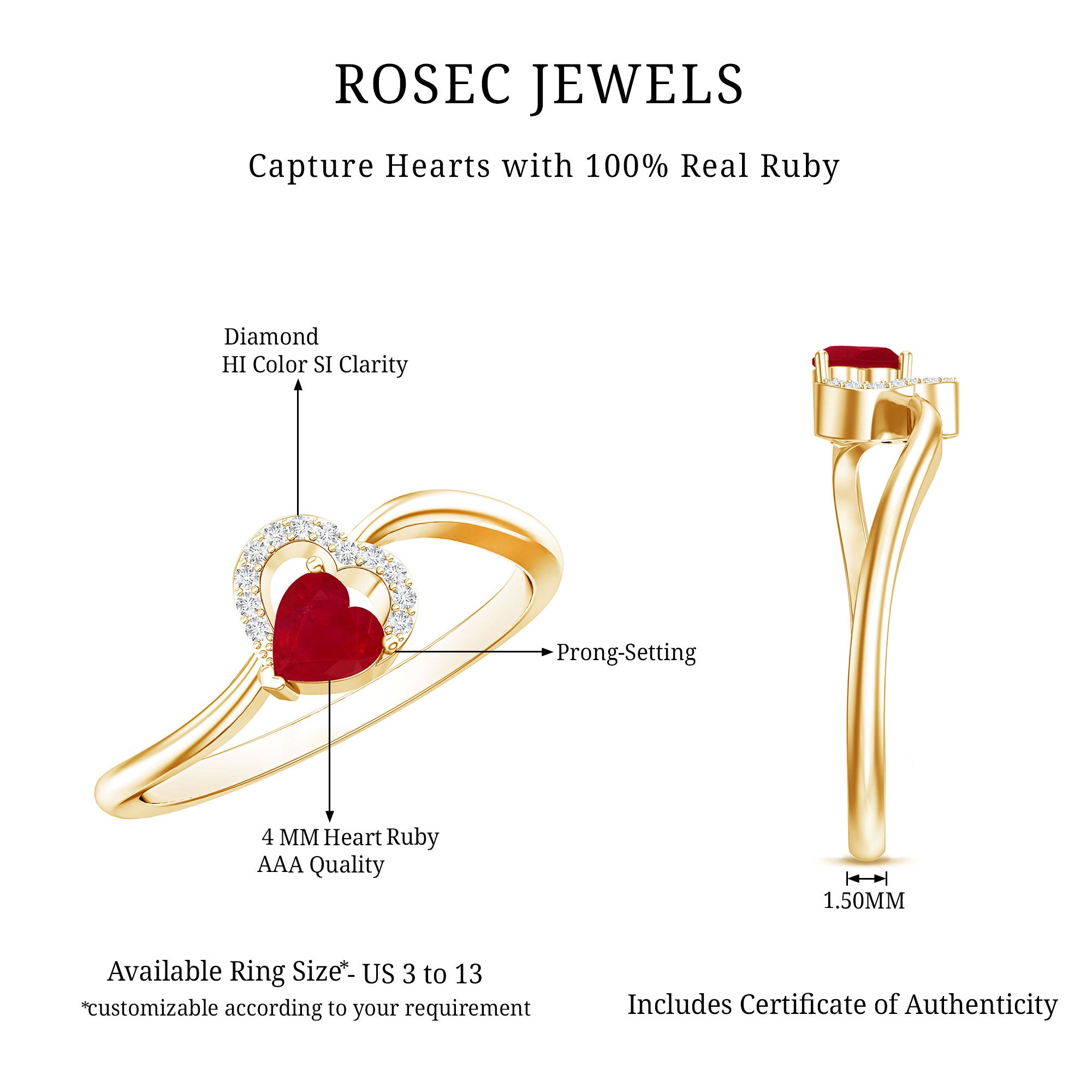 Natural Half Carat Ruby Heart Promise Ring with Diamond AAA - Rosec Jewels