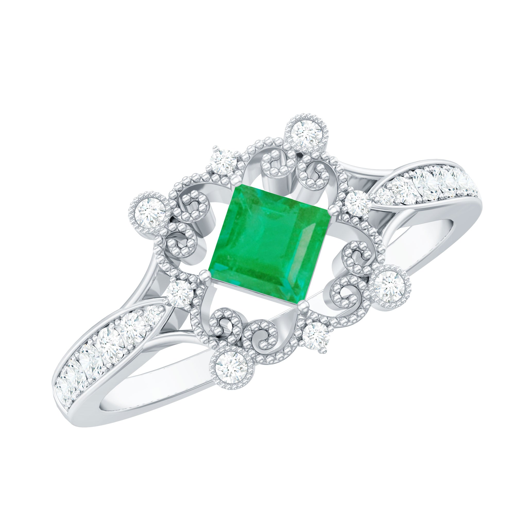 Antique Looking Emerald and Diamond Engagement Ring for Women