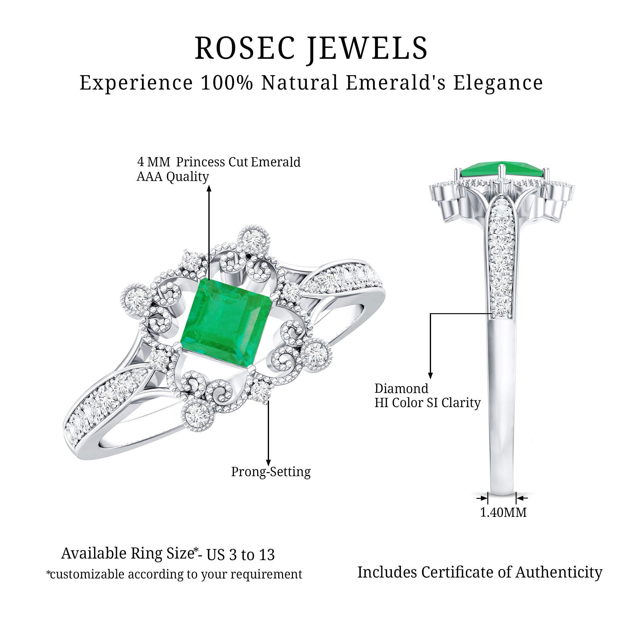 Antique Looking Emerald and Diamond Engagement Ring for Women AAA - Rosec Jewels