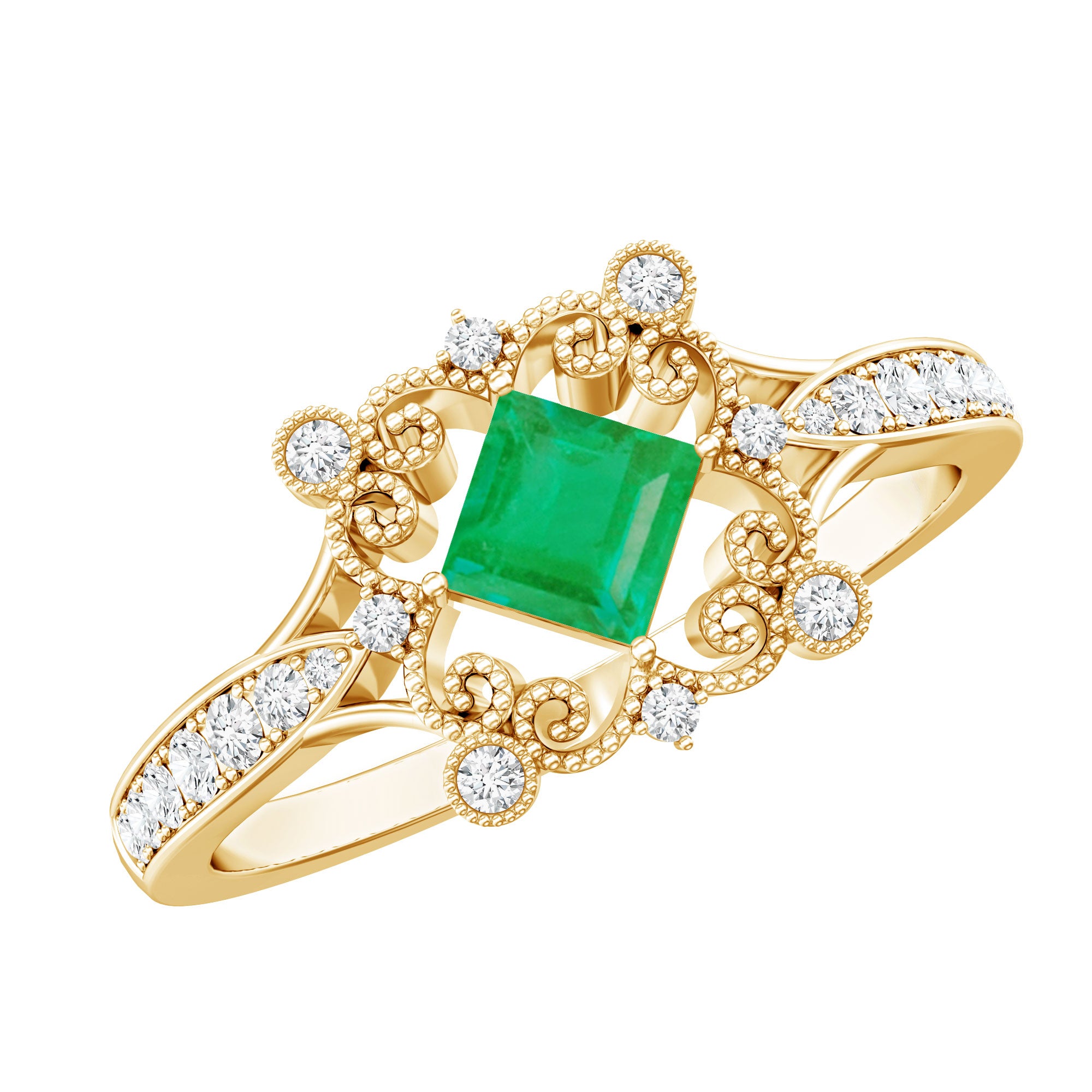 Antique Looking Emerald and Diamond Engagement Ring for Women AAA - Rosec Jewels