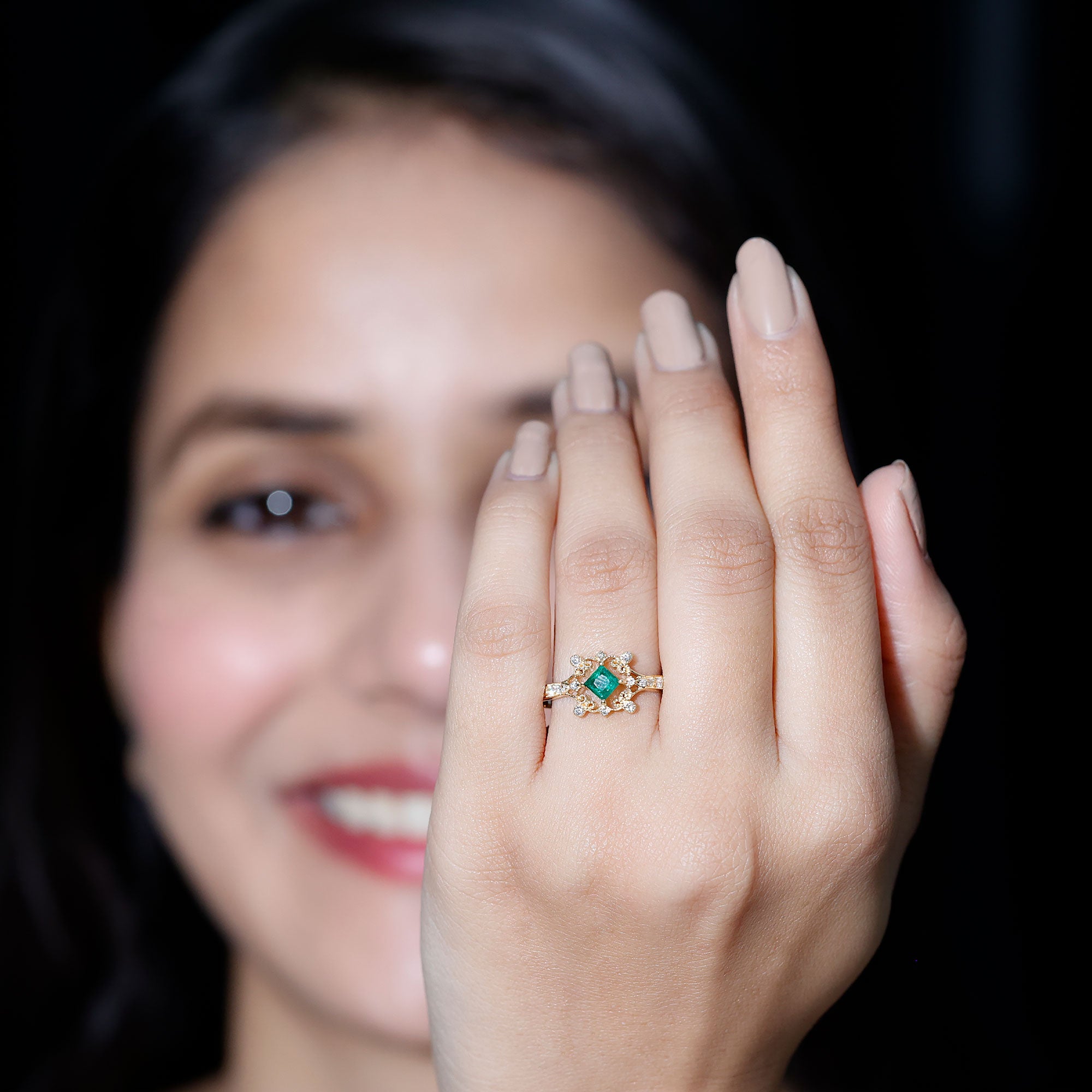 Antique Looking Emerald and Diamond Engagement Ring for Women AAA - Rosec Jewels
