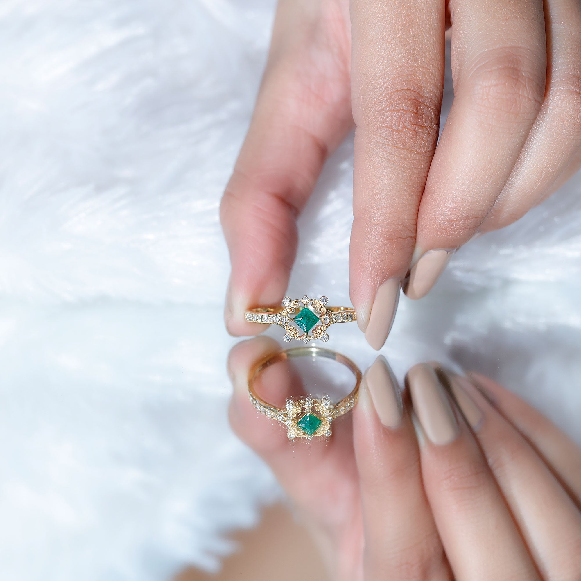 Antique Looking Emerald and Diamond Engagement Ring for Women AAA - Rosec Jewels