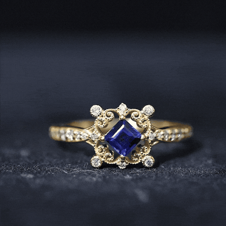 Vintage Inspired Lab Grown Blue Sapphire Engagement Ring with Diamond AAAA - Rosec Jewels
