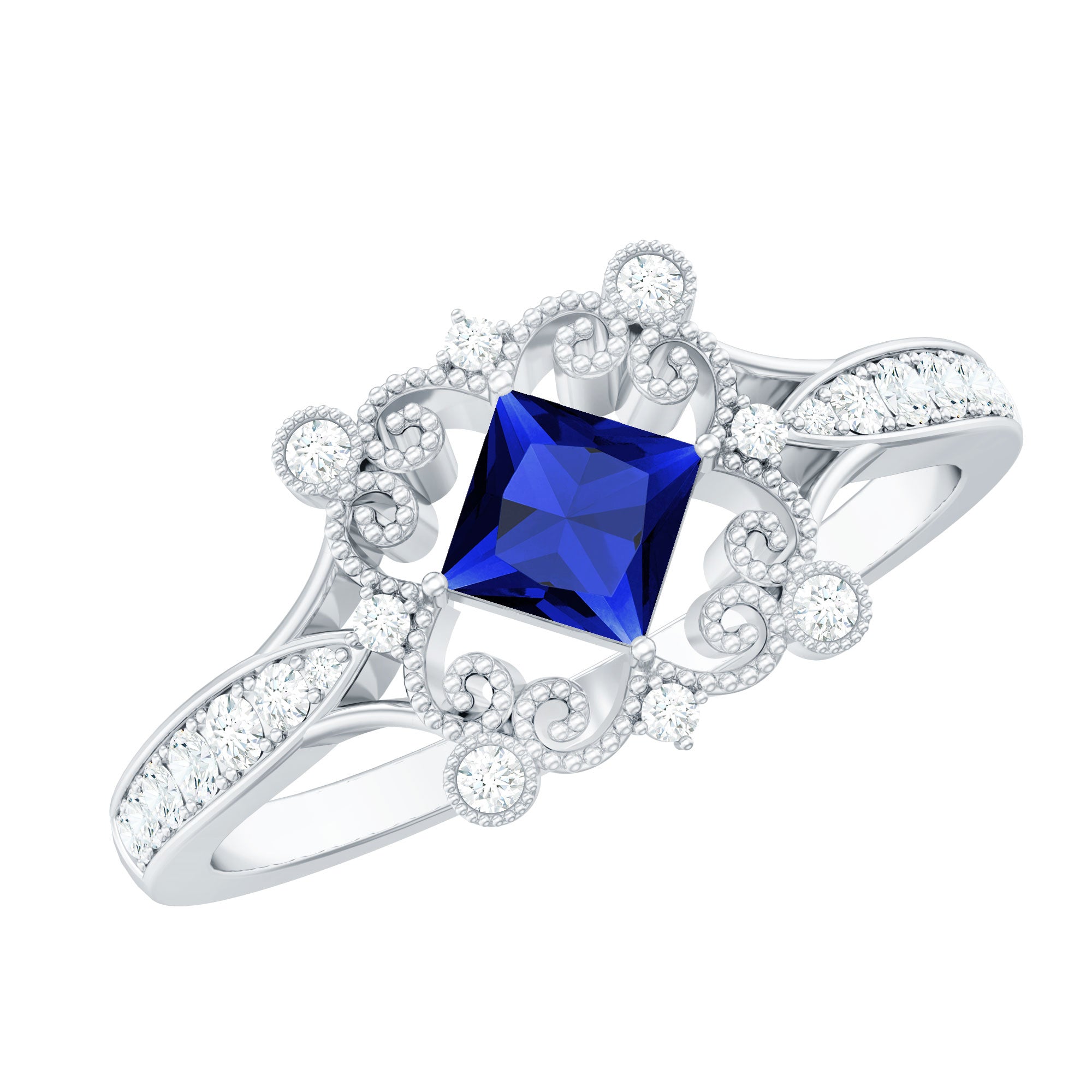 Vintage Inspired Lab Grown Blue Sapphire Engagement Ring with Diamond AAAA - Rosec Jewels