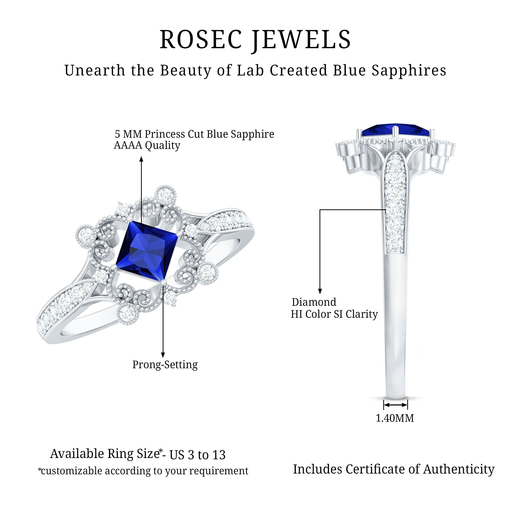 Vintage Inspired Lab Grown Blue Sapphire Engagement Ring with Diamond AAAA - Rosec Jewels