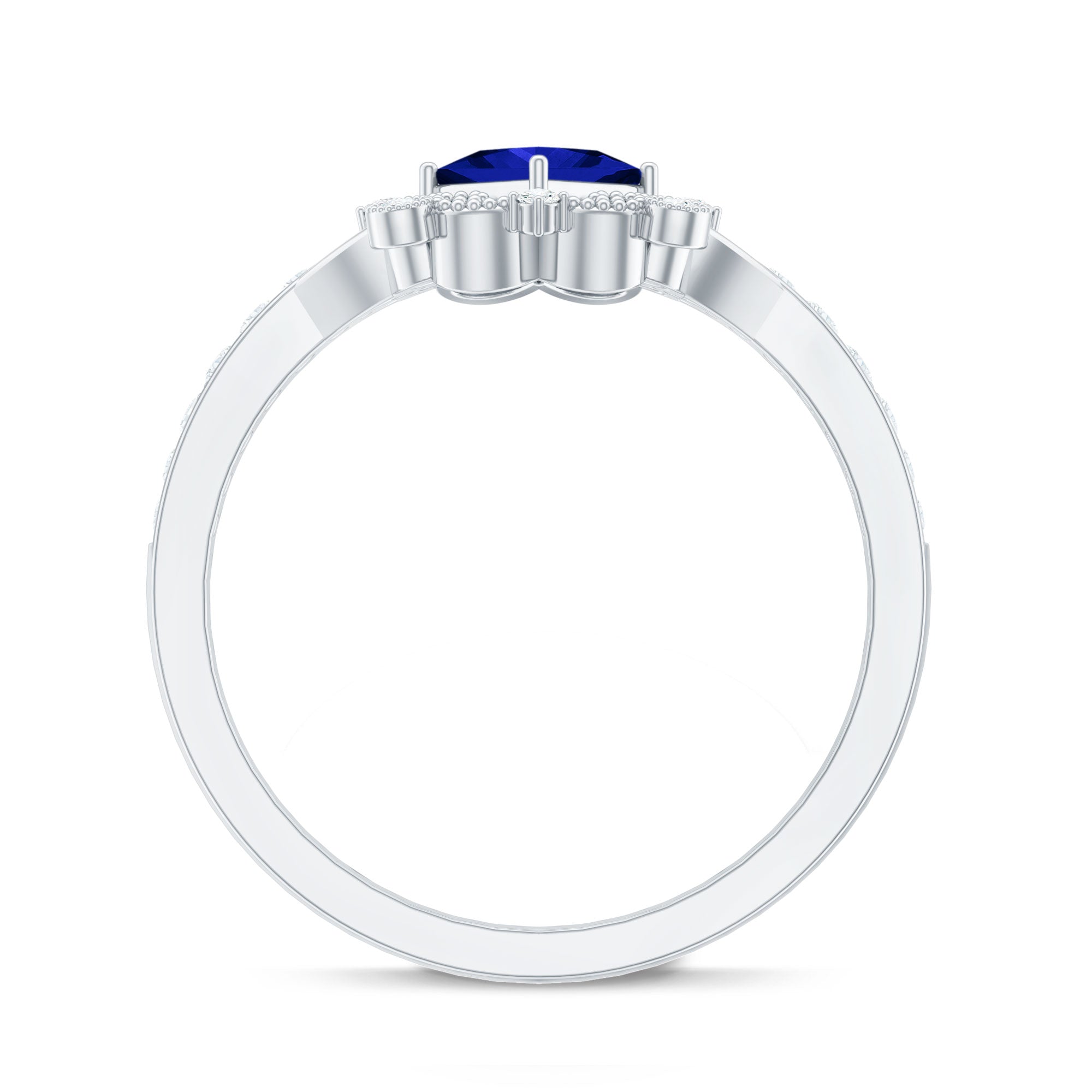 Vintage Inspired Lab Grown Blue Sapphire Engagement Ring with Diamond AAAA - Rosec Jewels