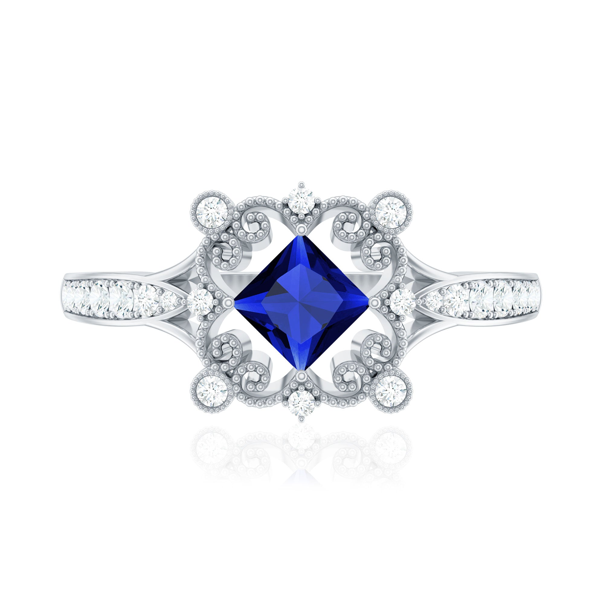 Vintage Inspired Lab Grown Blue Sapphire Engagement Ring with Diamond AAAA - Rosec Jewels