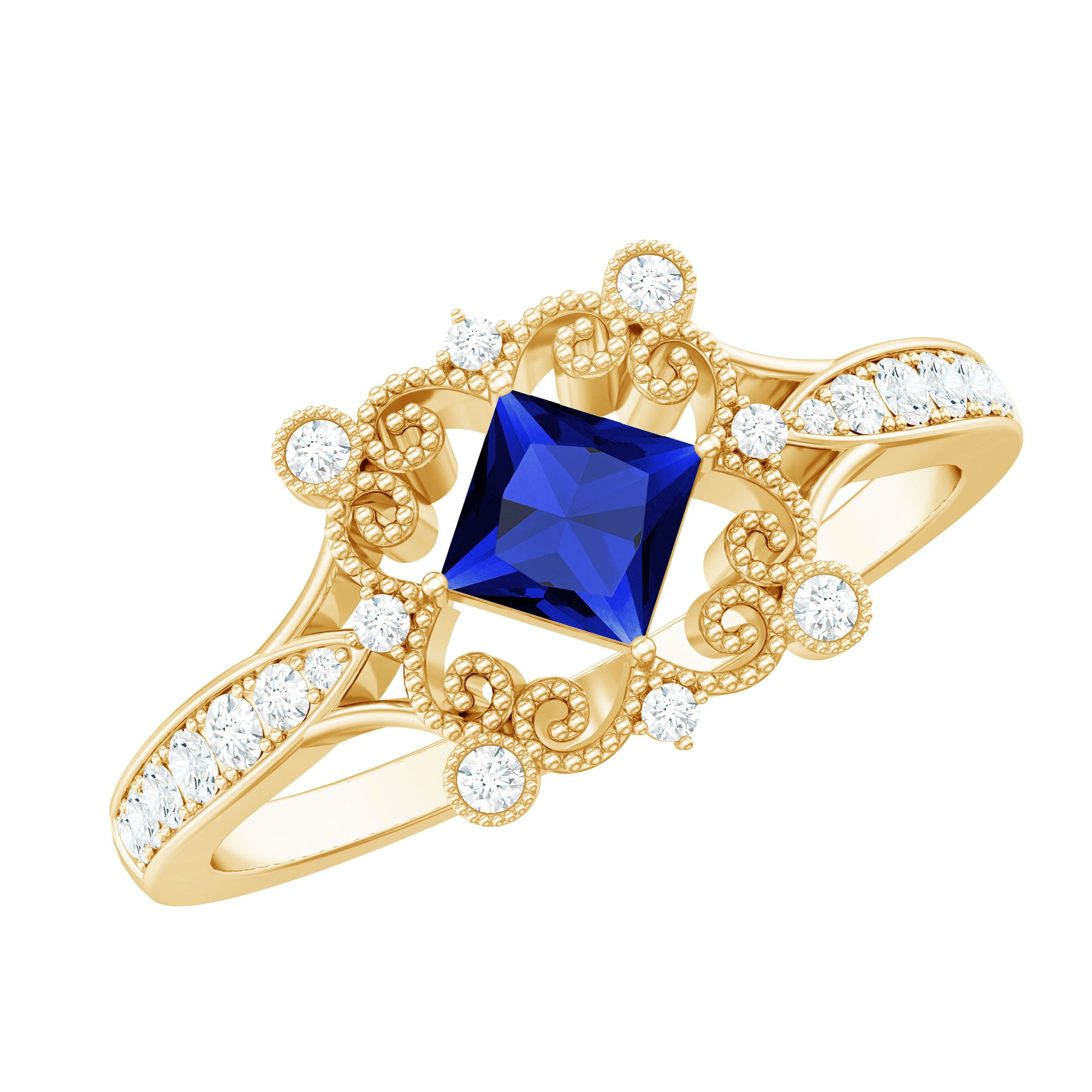 Vintage Inspired Lab Grown Blue Sapphire Engagement Ring with Diamond AAAA - Rosec Jewels