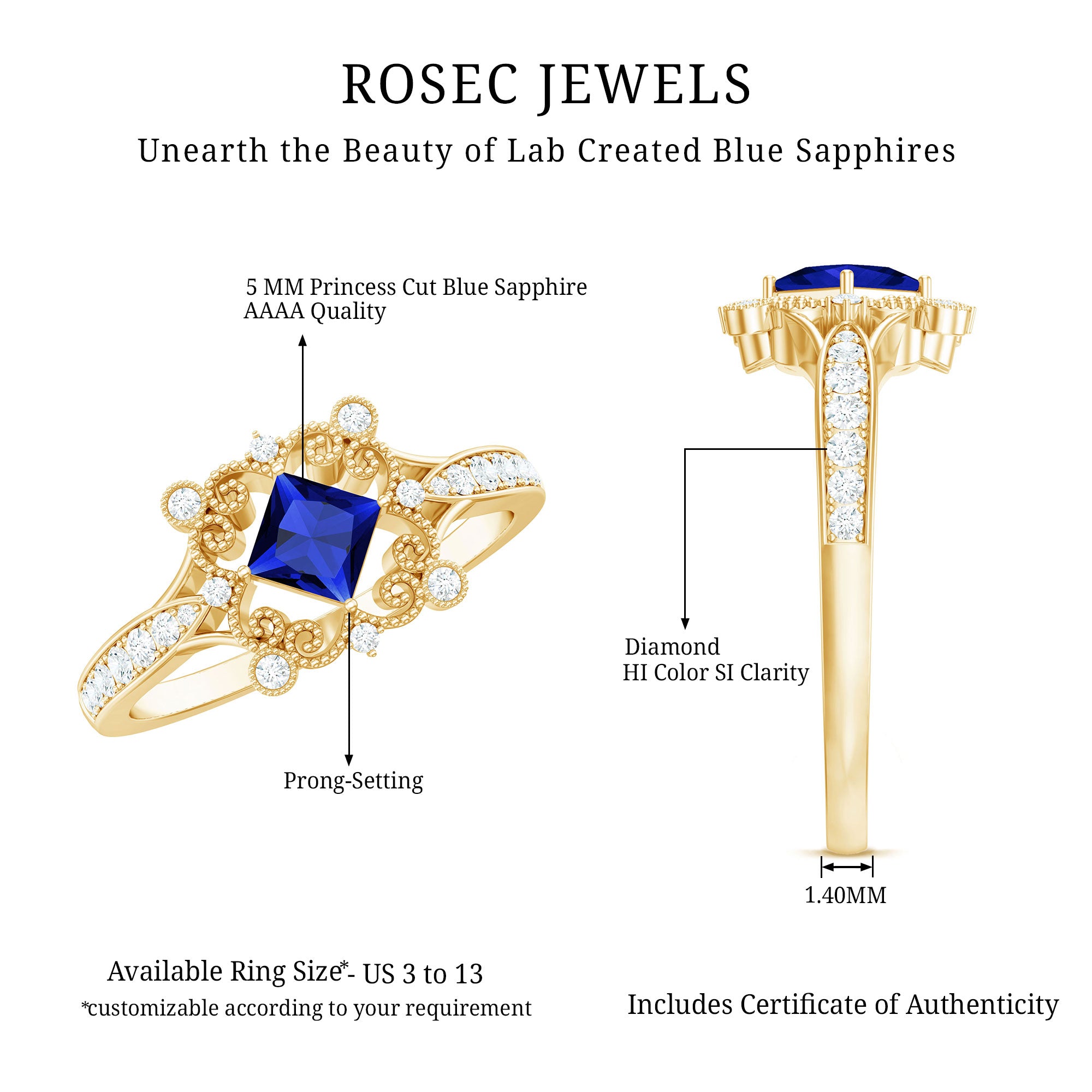 Vintage Inspired Lab Grown Blue Sapphire Engagement Ring with Diamond AAAA - Rosec Jewels