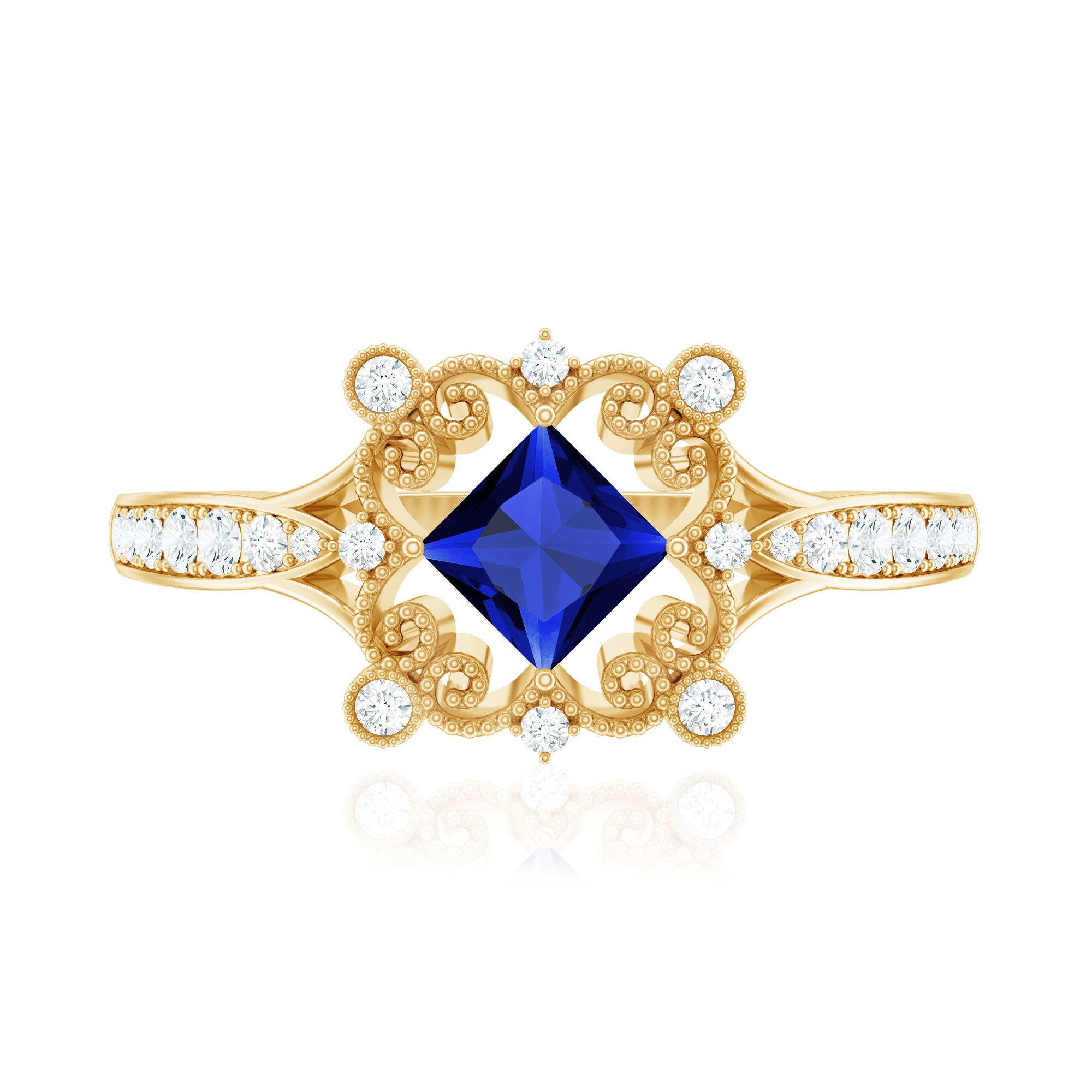 Vintage Inspired Lab Grown Blue Sapphire Engagement Ring with Diamond AAAA - Rosec Jewels