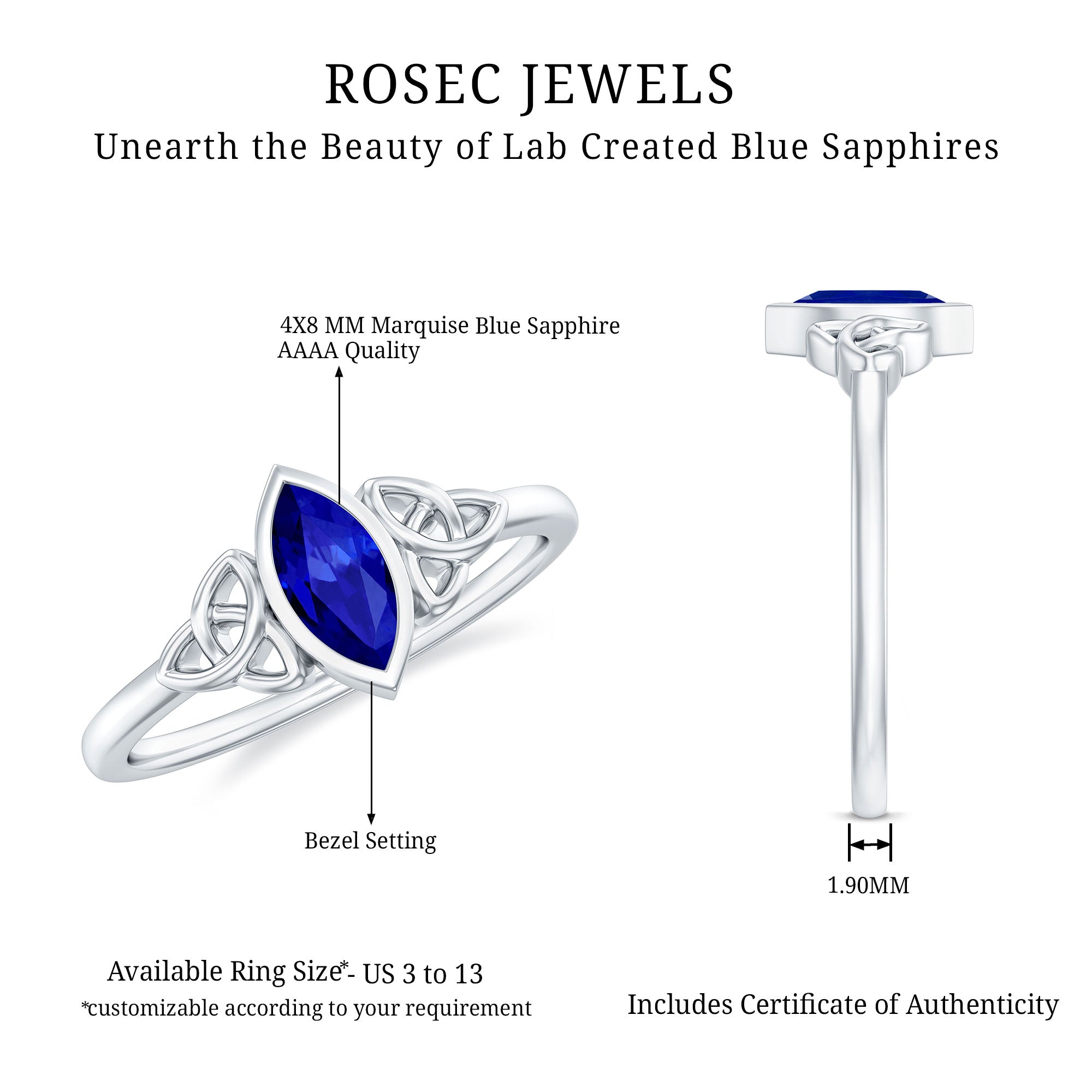 Certified Lab Grown Blue Sapphire Marquise Engagement Ring with Celtic Knot AAAA - Rosec Jewels