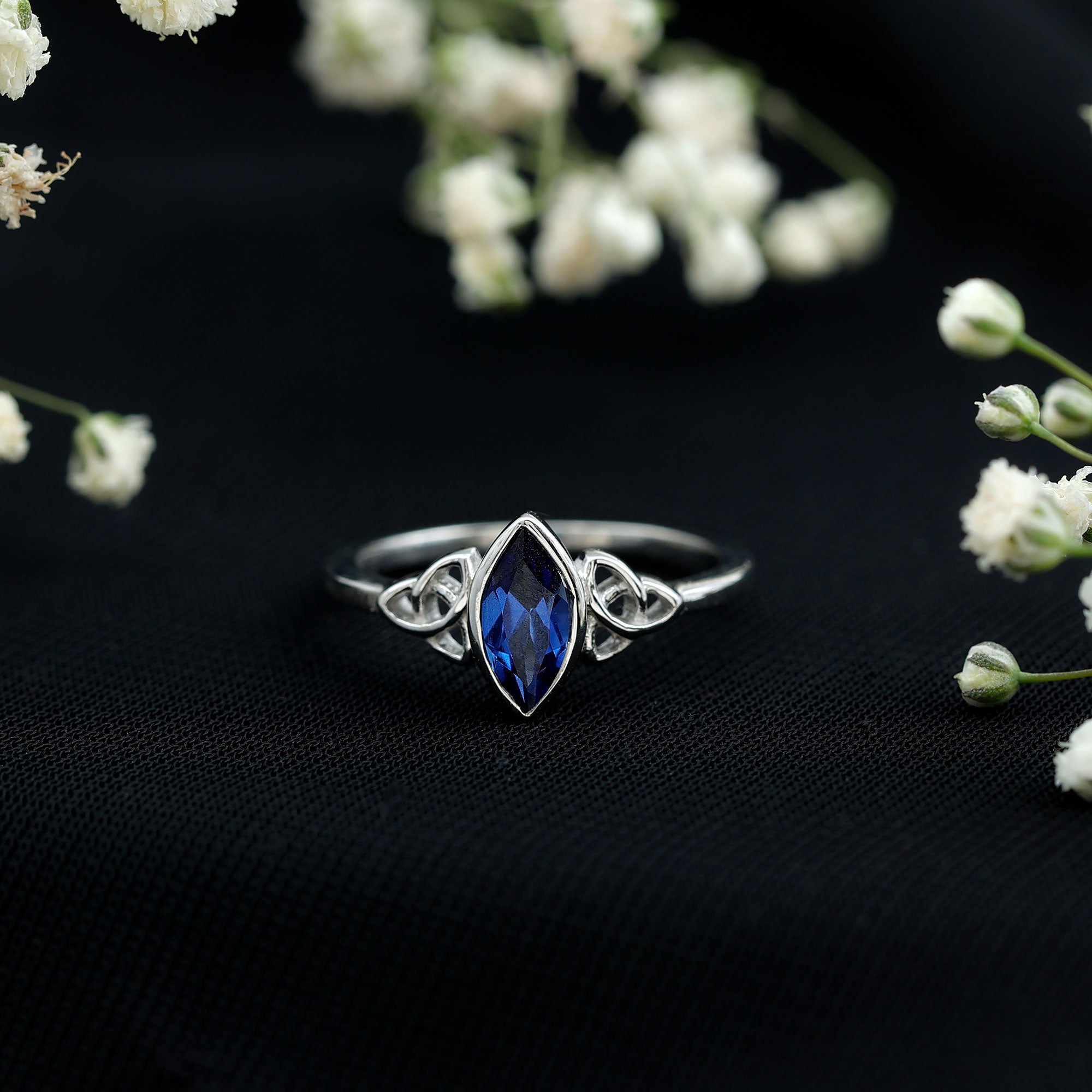 Certified Lab Grown Blue Sapphire Marquise Engagement Ring with Celtic Knot AAAA - Rosec Jewels