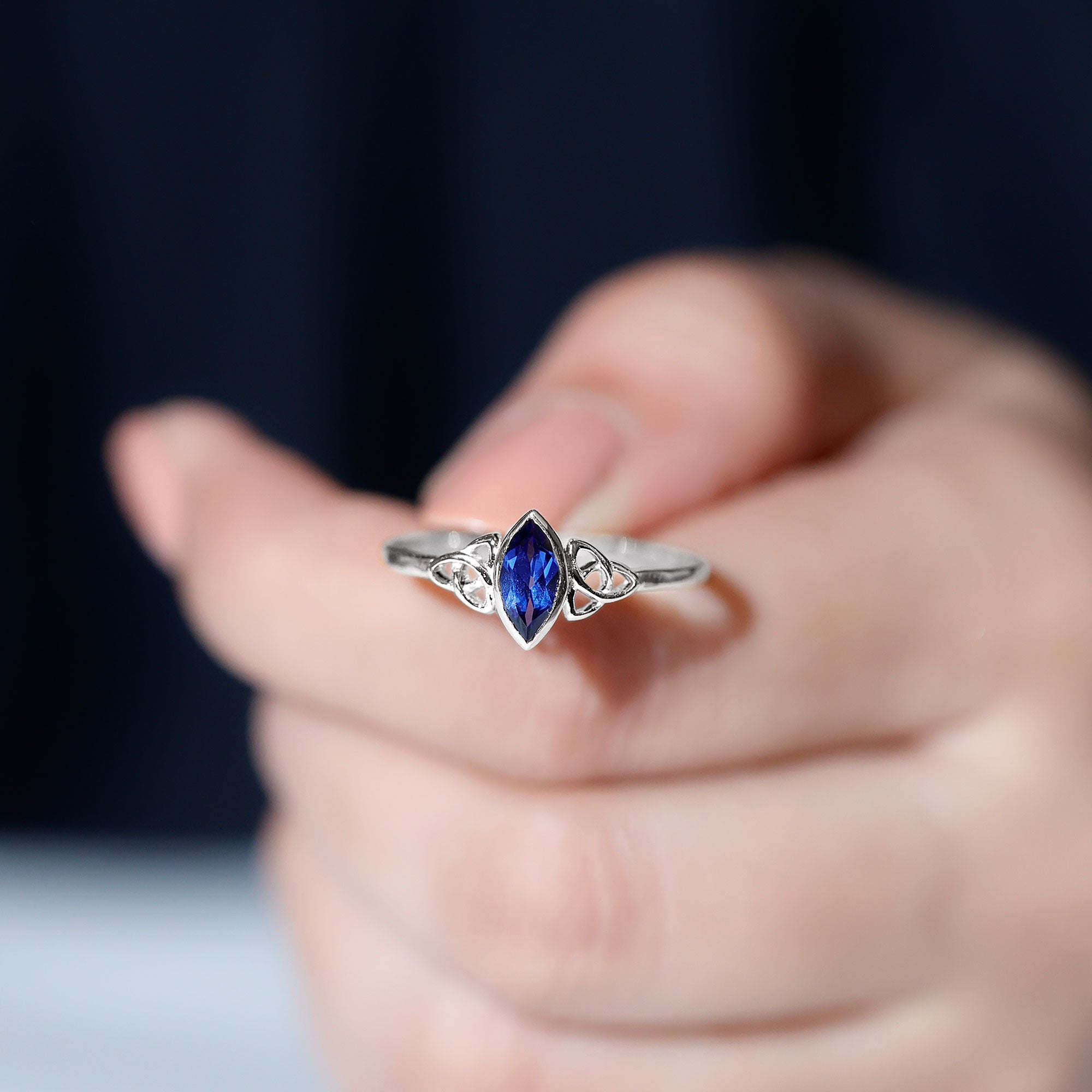 Certified Lab Grown Blue Sapphire Marquise Engagement Ring with Celtic Knot AAAA - Rosec Jewels