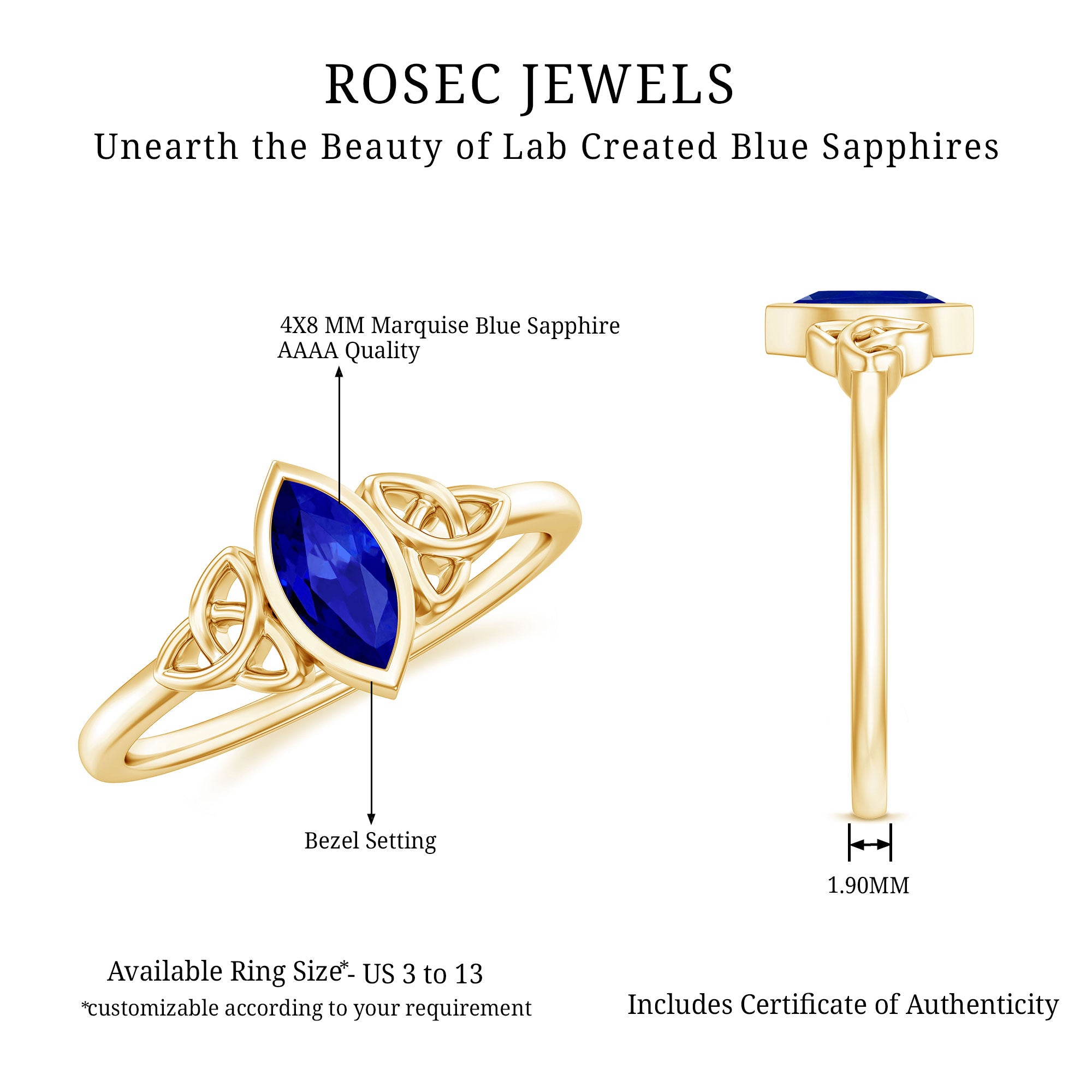 Certified Lab Grown Blue Sapphire Marquise Engagement Ring with Celtic Knot AAAA - Rosec Jewels