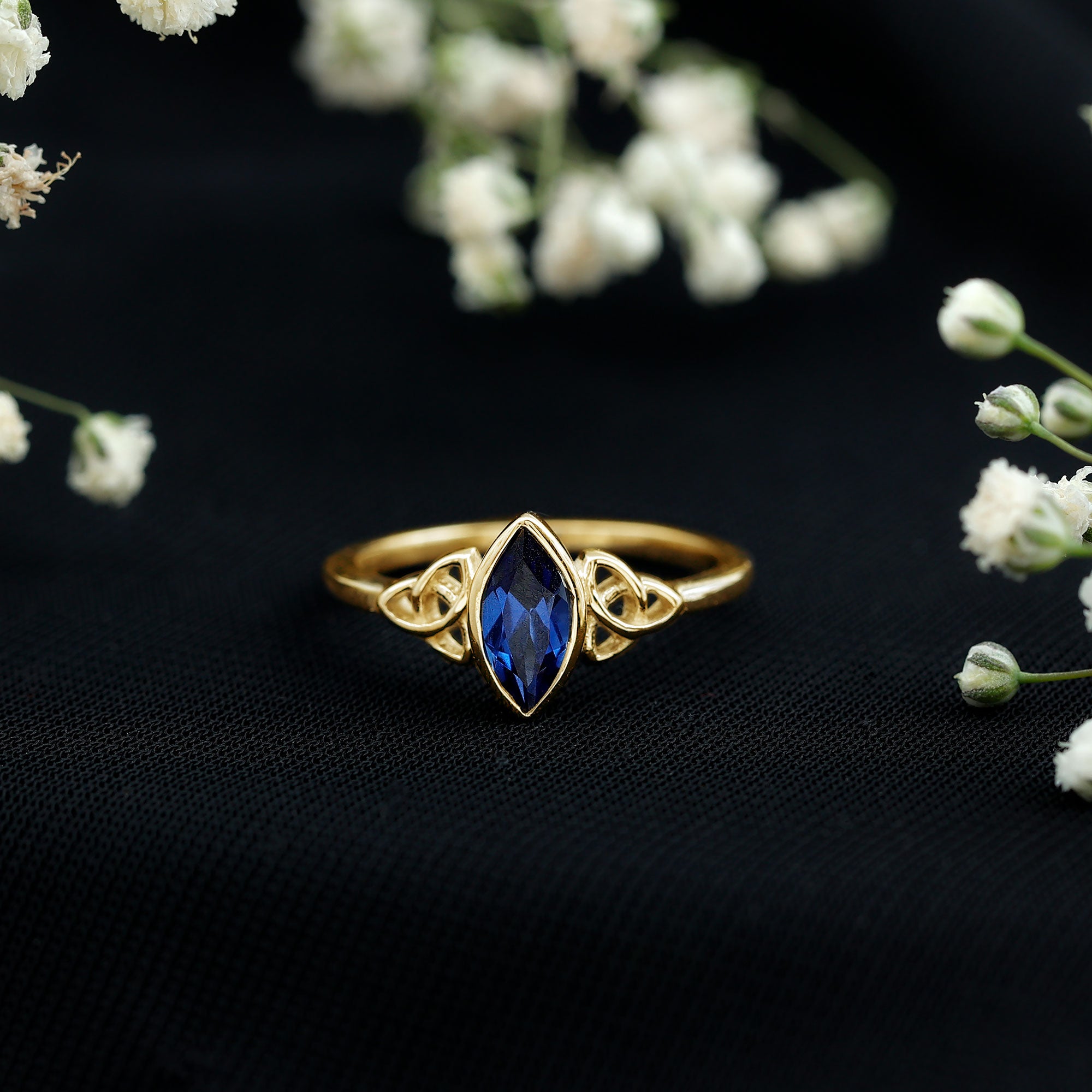 Certified Lab Grown Blue Sapphire Marquise Engagement Ring with Celtic Knot AAAA - Rosec Jewels