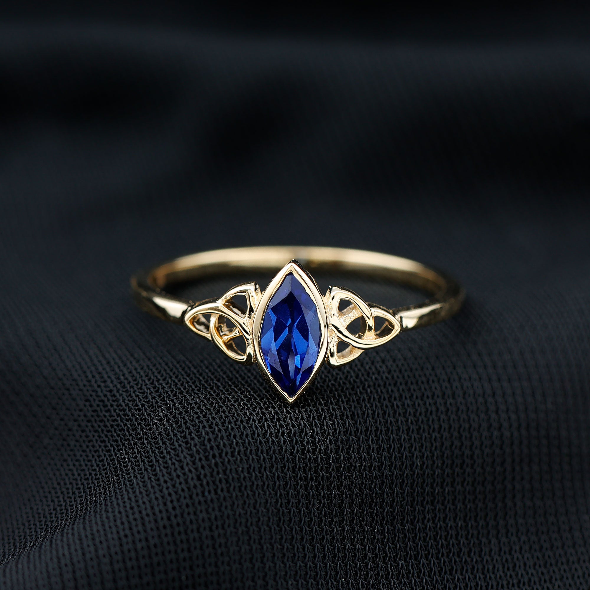 Certified Lab Grown Blue Sapphire Marquise Engagement Ring with Celtic Knot AAAA - Rosec Jewels
