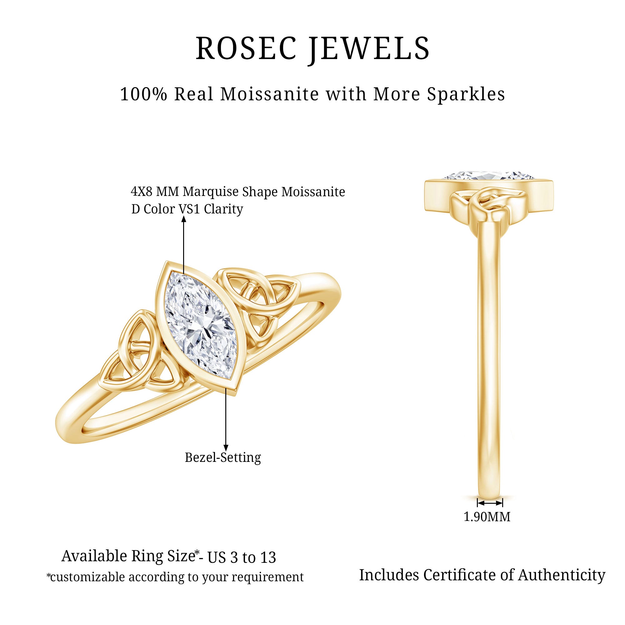 Marquise Cut Moissanite Solitaire Celtic Knot Ring in Bezel Setting D-VS1 - Rosec Jewels