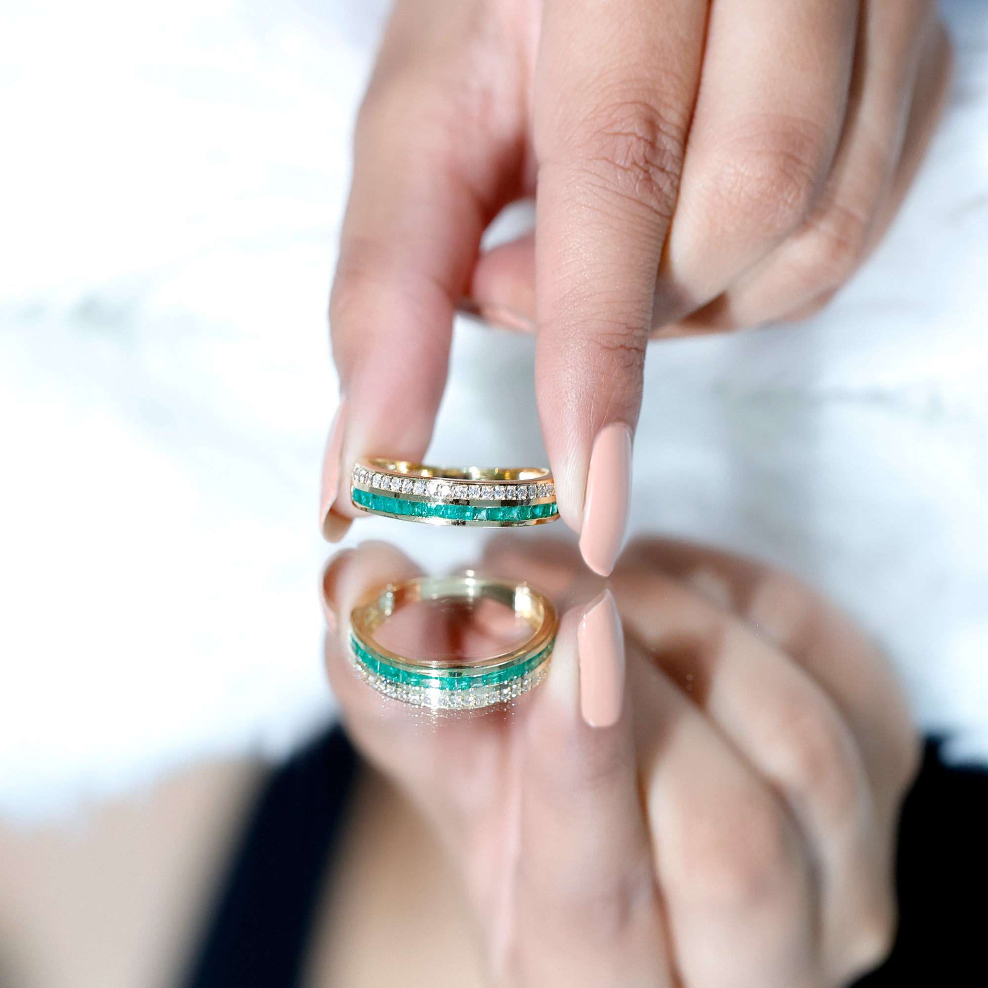 Natural Emerald and Diamond Half Eternity Wedding Band AAA - Rosec Jewels