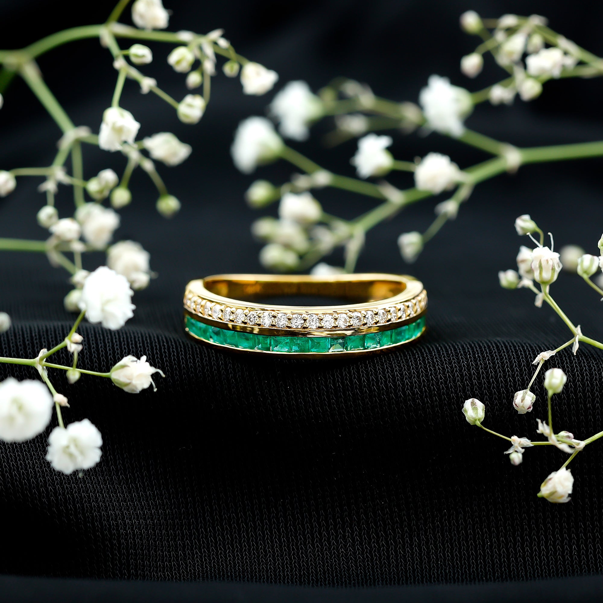 Natural Emerald and Diamond Half Eternity Wedding Band AAA - Rosec Jewels