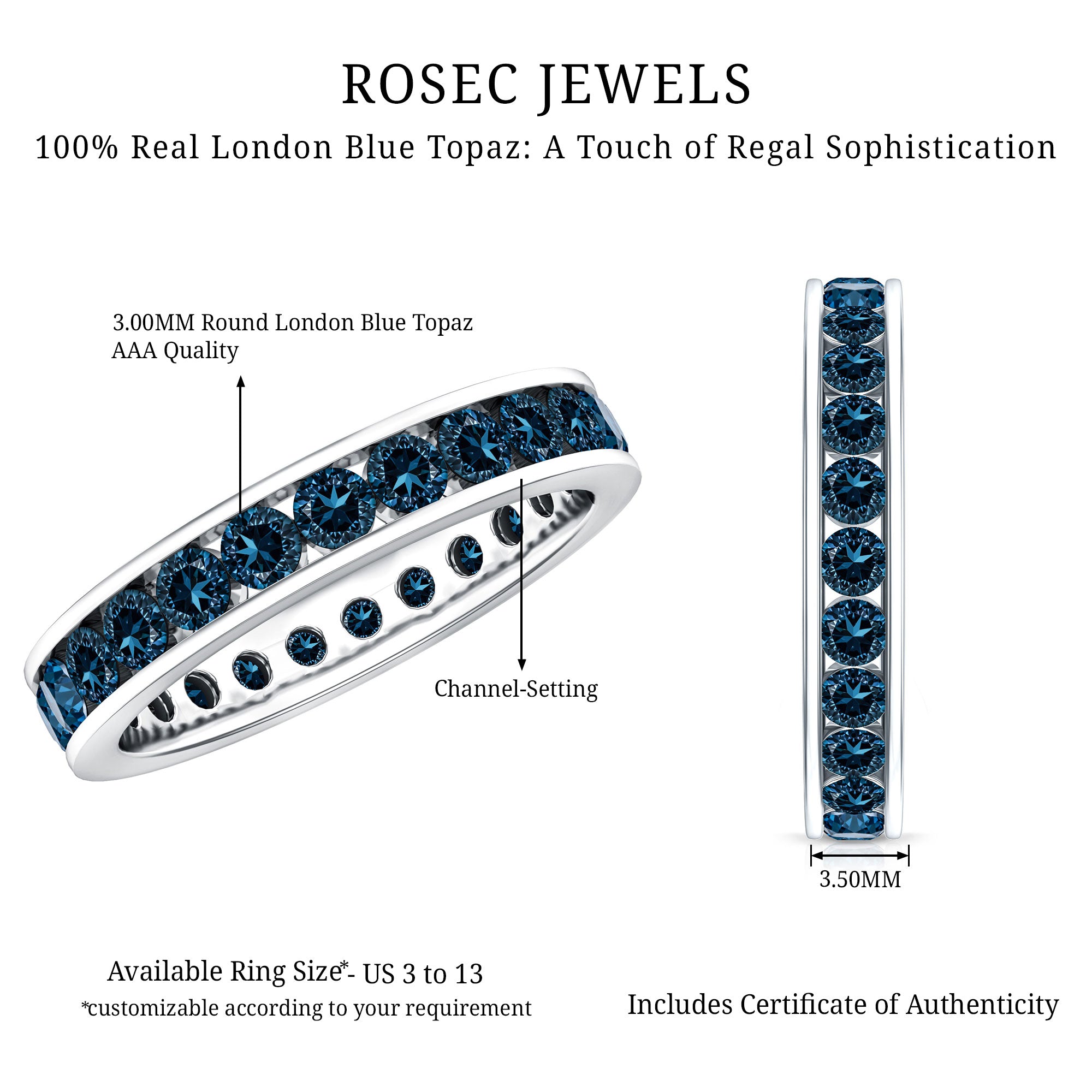 London Blue Topaz Full Eternity Ring in Channel Setting AAA - Rosec Jewels